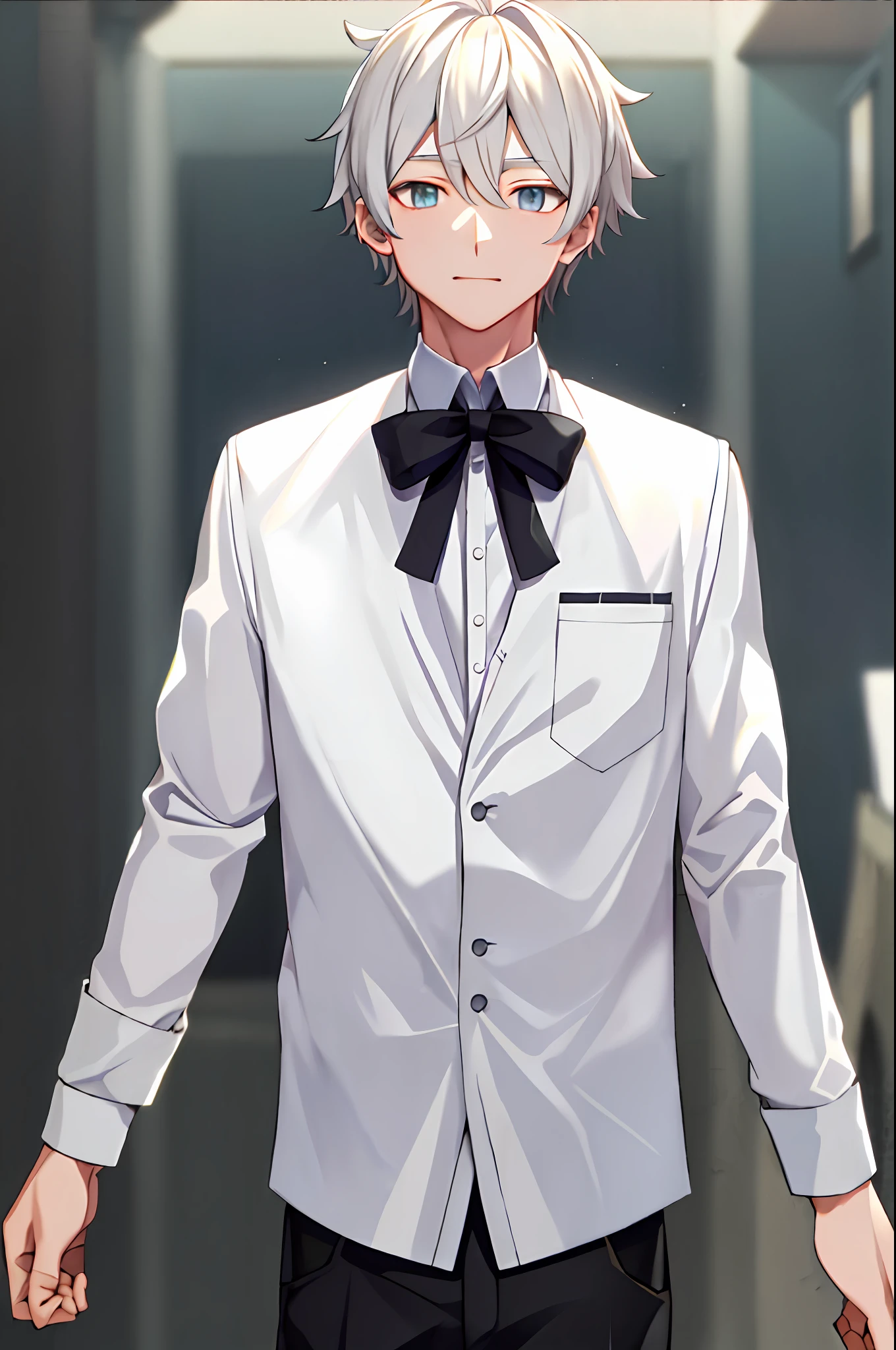(masterpiece, best quality), solo, vtuber-halfbody, corneo_power, (white shirt, black pants), upper body, (white backgound),