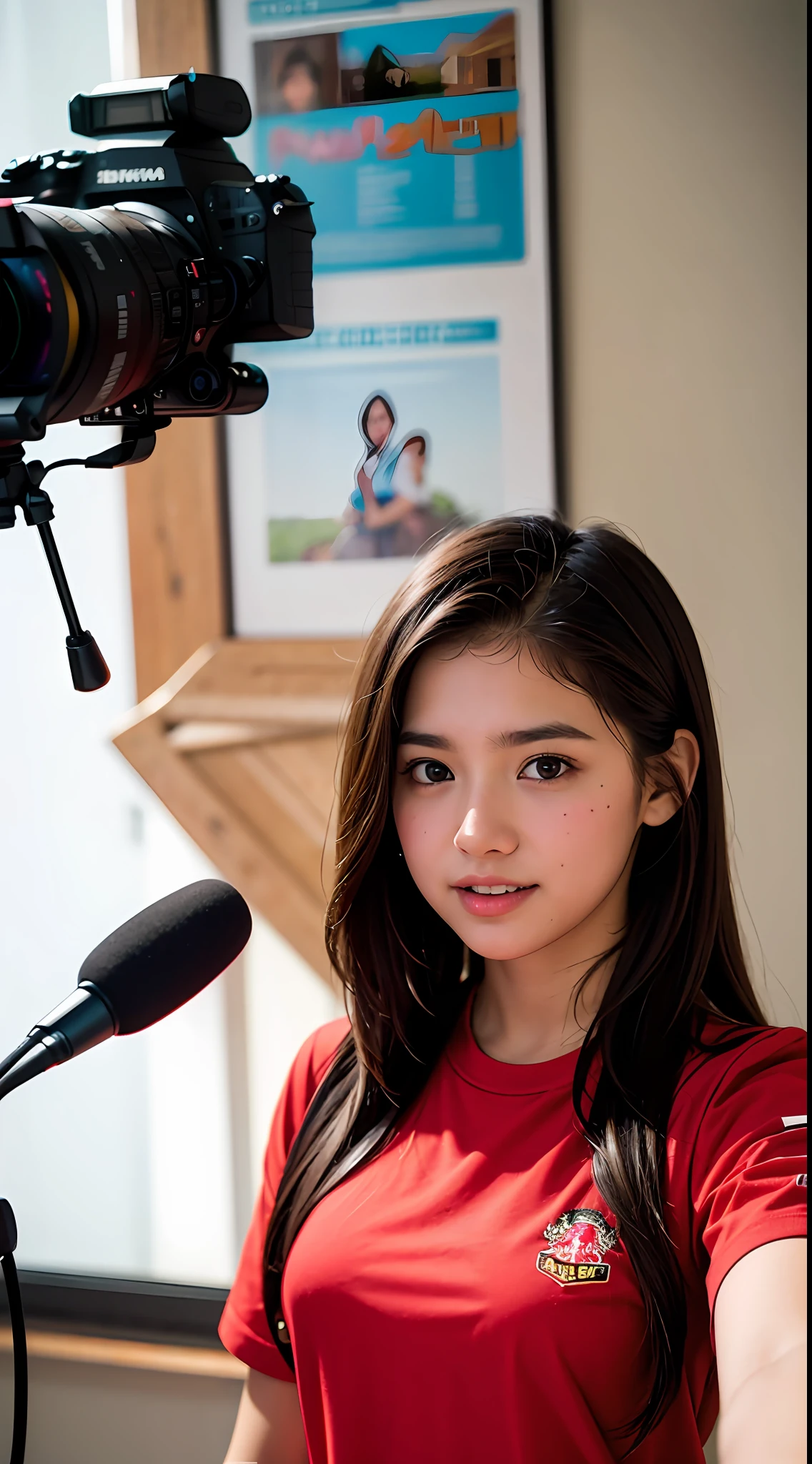 A Latina white teen in front of the camera energetic ready to talk and wearing a red shirt