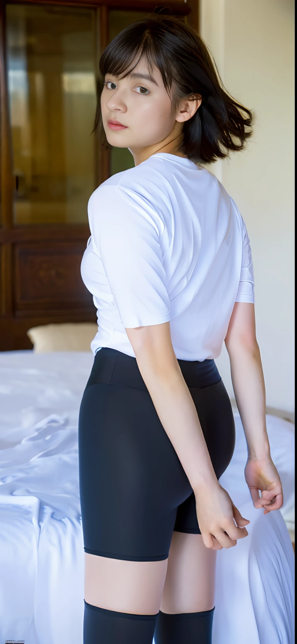 masterpiece, masterpiece, best quality, best quality, real, unity, 8k wallpaper, official art, highly detailed cg unity 8k wallpaper, ulzzang-6500, one girl, cute, professional lighting, ((long black spandex shorts: 1.37)), long hair, disheveled hair, (original: 1.2), (real: 1.4), ultra detailed, high resolution, ultra detailed, fantastic, Fine details, cinematic lighting, simple costumes, detailed clothing texture, bed, sleeping, back view, buttocks, projected from above. (8k, RAW photo, highest quality, masterpiece: 1.27), (realistic, photorealistic: 1.37), physically based rendering, handsome, masterpiece, highest quality, high resolution,