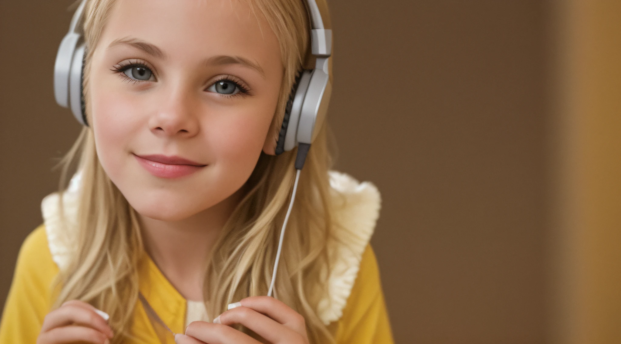GREY background, award-winning RAW digital photo of very high detail, closeup of a hyper-detailed portrait of a beautiful RUSSIAN BLONDE CHILD IN YELLOW CLOTHES, perfect body, (using headphones)), HDR, 8k resolution, smooth, (blur): 1.7, (warm soft ambient light): 1.8, atmosphere, realistic, (volumetric fog): 1.6, depth of field, side lighting, photographed on a Kodak box camera