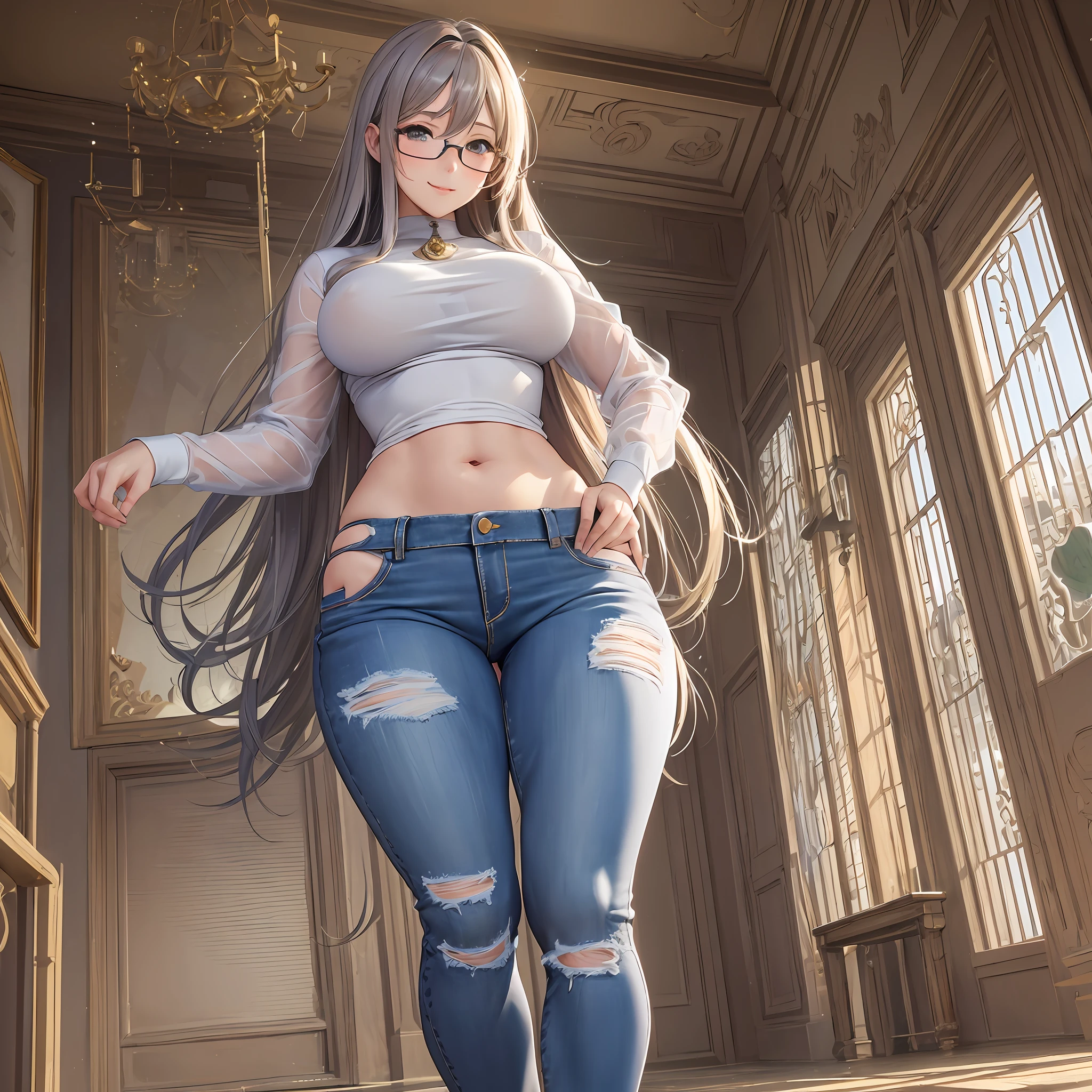 ((masterpiece)),((best quality)),((high detial)),((realistic,)) A anime girl, cute, 3D, thick body, small breast, large hip, tight jeans, white transparent inner, long hairs, smiling, glasses, thin waist, full body --auto --s2