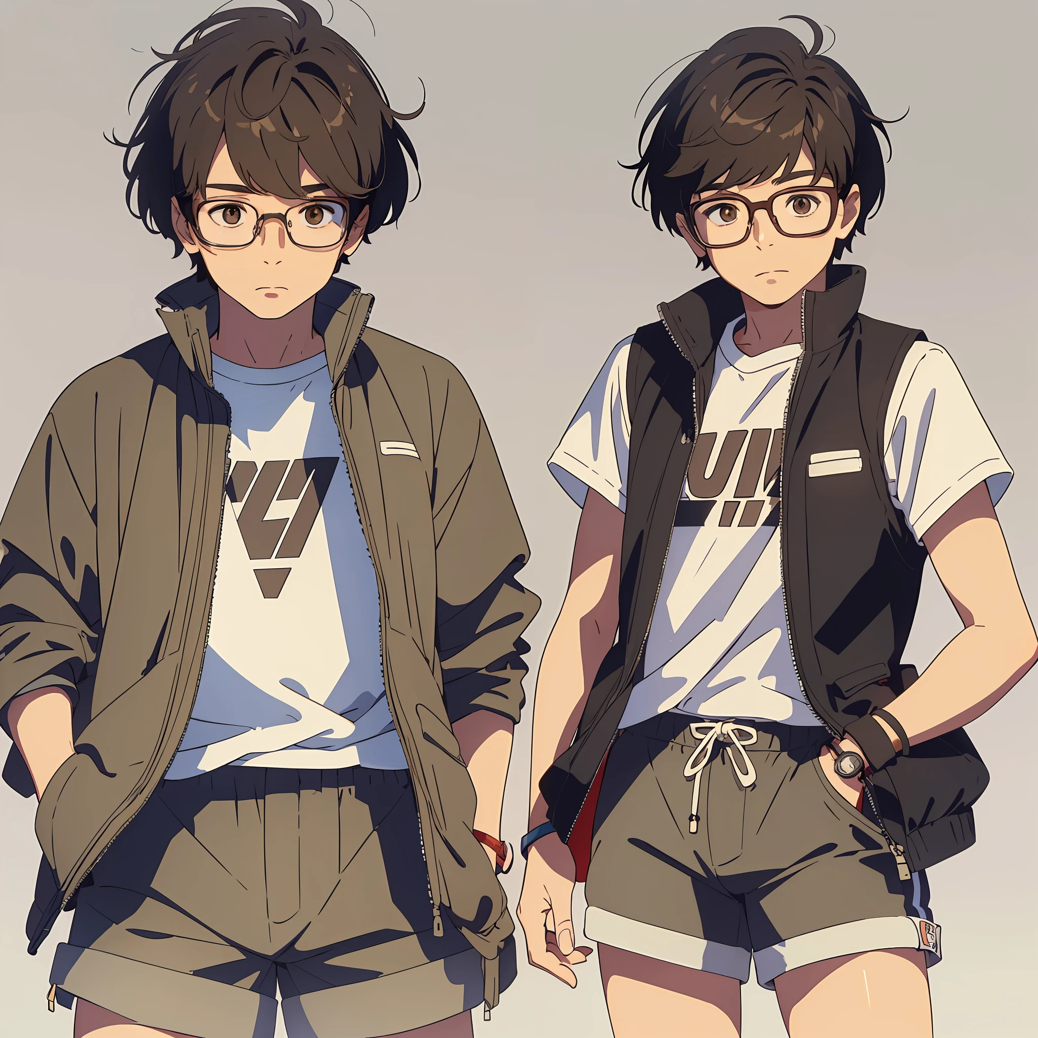 (Same character front, side and back)(white background) teenage boy, big ears,  messy brown bowl cut hair, glasses, shorts, sneakers, vest, --auto --s2