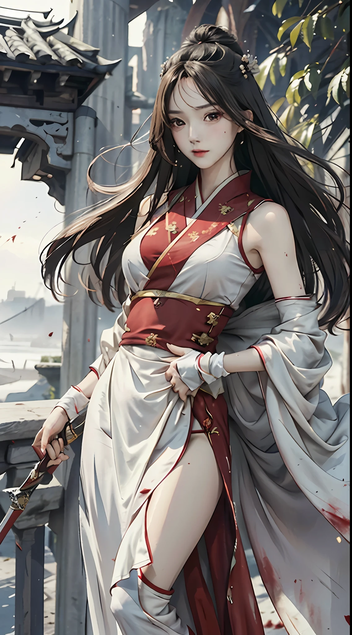 RAW Photo, 4k, Realistic, Delicate and Meticulous Skin), Masterpiece, Best Quality, Official Art, Unity 8k Wallpaper, Ultra Detailed, (Soft Light), Cinematic Look, High Saturation, Best Anatomy, Volume Fog, Slim Body, Full Body, 1 Girl, Looking at the Audience, Red Clothes, (with a Weapon on the Waist), Sword, Long Hair, Brunette Hair, Solo, Blood, Armguards, Complex Background, Looking at the Viewer, Black Eyes, Cloth, Floating Hair, Evil Smile, Hanfu, Dynamic Movement, Dynamic Pose, with bandages wrapped around hands, the wind carries dust,