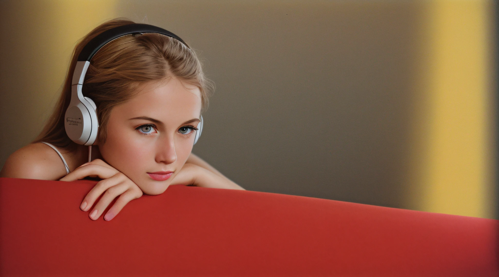 RED background, award-winning RAW digital photo of very high detail, closeup of a hyper-detailed portrait of a beautiful RUSSIAN BLONDE CHILD IN YELLOW CLOTHES, perfect body, (using headphones)), HDR, 8k resolution, smooth, (blur): 1.7, (warm soft ambient light): 1.8, atmosphere, realistic, (volumetric fog): 1.6, depth of field, side lighting, photographed on a Kodak box camera