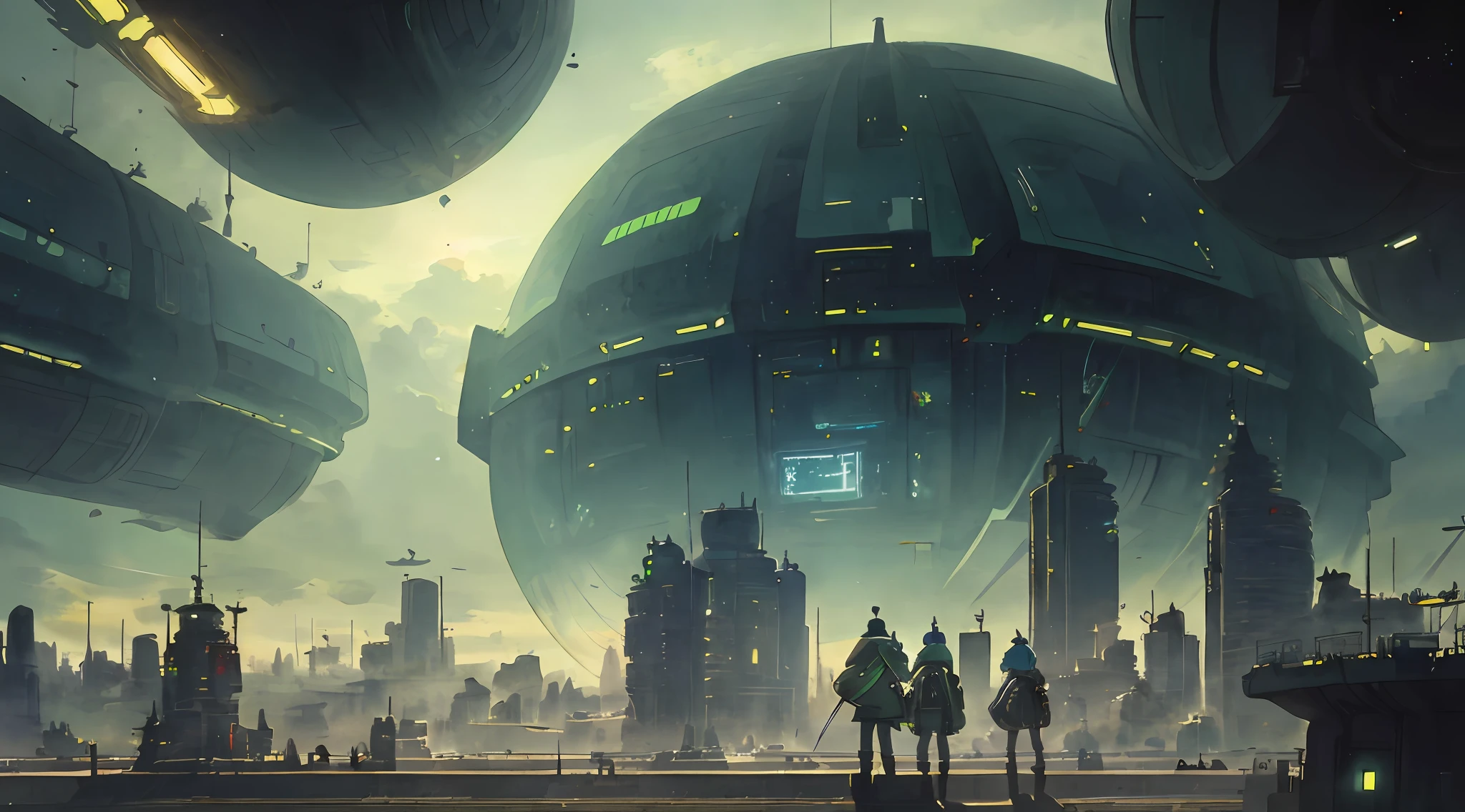 people standing in a line looking at a large city with a green sky, populated with aliens and people, beeple masterpiece, artgem and beeple masterpiece, depicted as a scifi scene, space opera and dystopian style, beeple artwork, retro sci - fi picture, beeple and mike winkelmann, beeple and tim hildebrandt