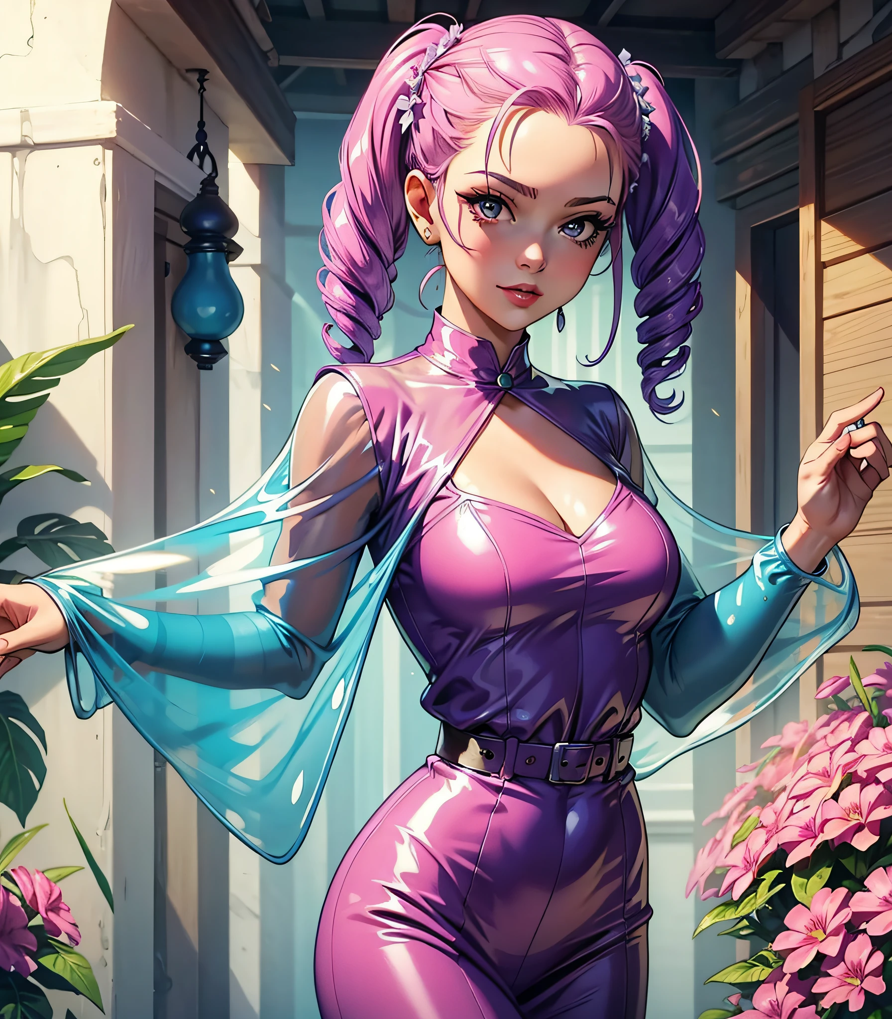 Slime girl, (slime) Slime hair Victory rolls hair style, Phlox pink, 1940 fancy dress, Masterpiece, Best Quality