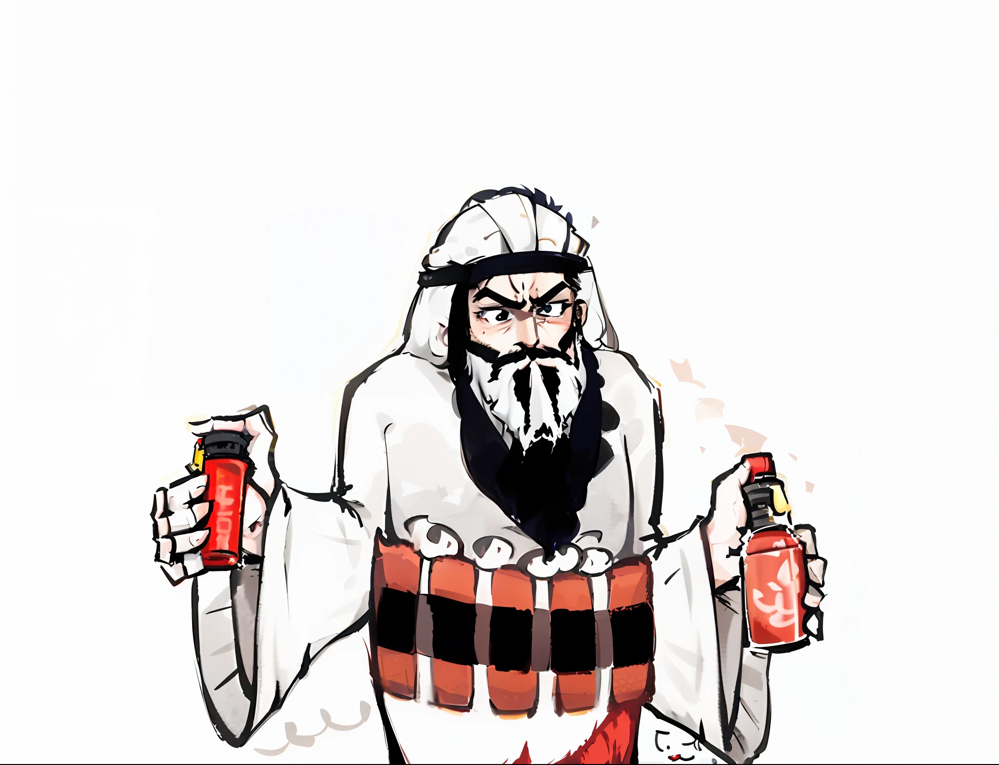 cartoon of a man with a beard holding a bottle of red liquid, rasputin as grubhub character, taliban, cartoon image, mekka, bombs, inspired by Heinz Anger, sheikh, ninja jesus, cartoon still, hardops, cartoonish and simplistic, by Robert Freebairn, hand grenades, cultist, cult leader