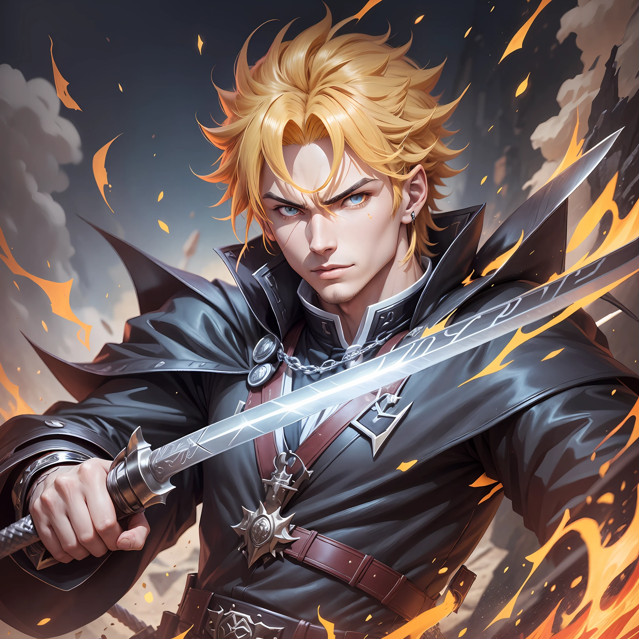 a close up of a person with a sword in front of a fire, handsome guy in demon slayer art, blazing infero, (fire), dio brando, dio, demon slayer artstyle, demon slayer, kimetsu no yaiba, key anime art, demon slayer rui fanart, russell dauterman, pin on anime, official art, avatar image --auto --s2
