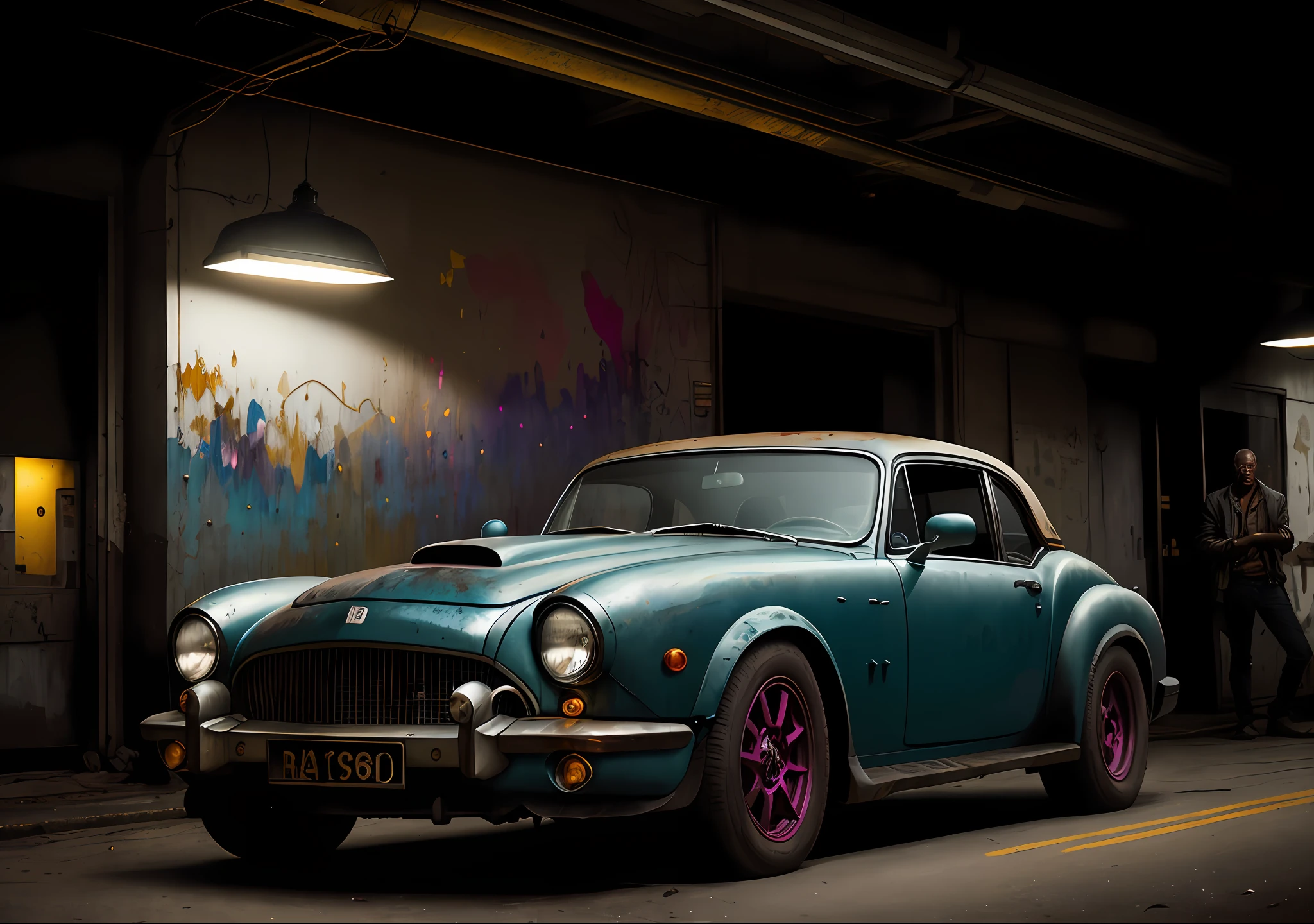 Morgan Freeman dark photo: sitting next to an old car, realistic epic, portrait, eyes of Atey Ghailan, Greg Rutkowski, Greg Tocchini, James Gilleard, Joe Fenton, Kaethe Butcher, yellow gradient, black, brown and magenta color scheme, grunge aesthetic!!! Graffiti brand wall background, art by Greg Rutkowski and Artgerm, soft cinematic light, Adobe Lightroom, Photo Lab, HDR, intricate, highly detailed, (depth of field: 1.4), faded, (neutral colors: 1.2), (HDR: 1.4), (soft colors:1.2), hyperdetailed, (Artstation:1.4), cinematic, warm lights, dramatic light, (intricate details:1.1), complex background, (Rutkowski:0.66), (blue and orange:0.4)