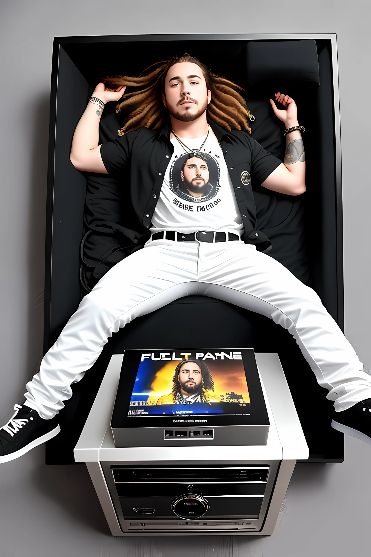 Post Malone full body in high definition with a CD Stops the footrest in an excellent evolution 8k miniature to collection