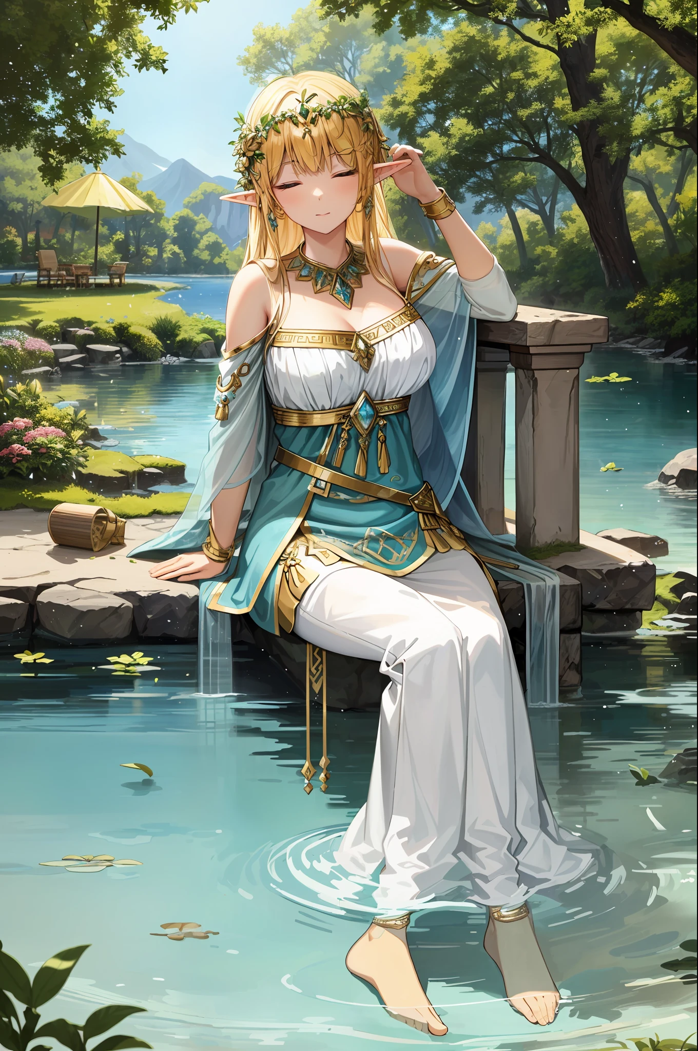 (ultra-detailed, best quality) A beautiful Greek-style elf is sitting on the shores of a crystal clear lake, her toga floating gently in the breeze. The water reflects the bright sunlight and creates a dreamlike atmosphere.