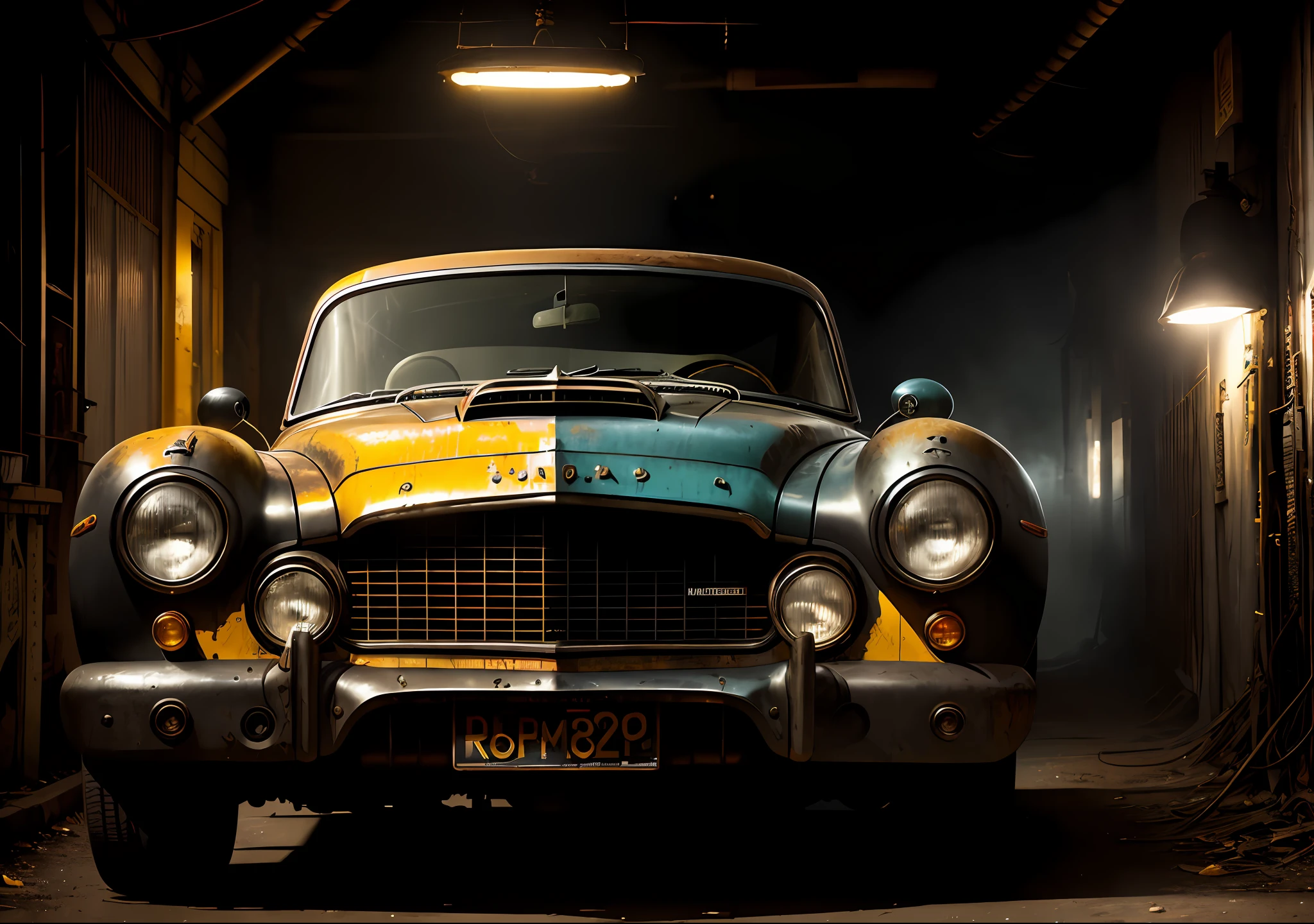 Morgan Freeman dark photo: sitting next to an old car, realistic epic, portrait, eyes of Atey Ghailan, Greg Rutkowski, Greg Tocchini, James Gilleard, Joe Fenton, Kaethe Butcher, yellow gradient, black, brown and magenta color scheme, grunge aesthetic!!! Graffiti brand wall background, art by Greg Rutkowski and Artgerm, soft cinematic light, Adobe Lightroom, Photo Lab, HDR, intricate, highly detailed, (depth of field: 1.4), faded, (neutral colors: 1.2), (HDR: 1.4), (soft colors:1.2), hyperdetailed, (Artstation:1.4), cinematic, warm lights, dramatic light, (intricate details:1.1), complex background, (Rutkowski:0.66), (blue and orange:0.4)