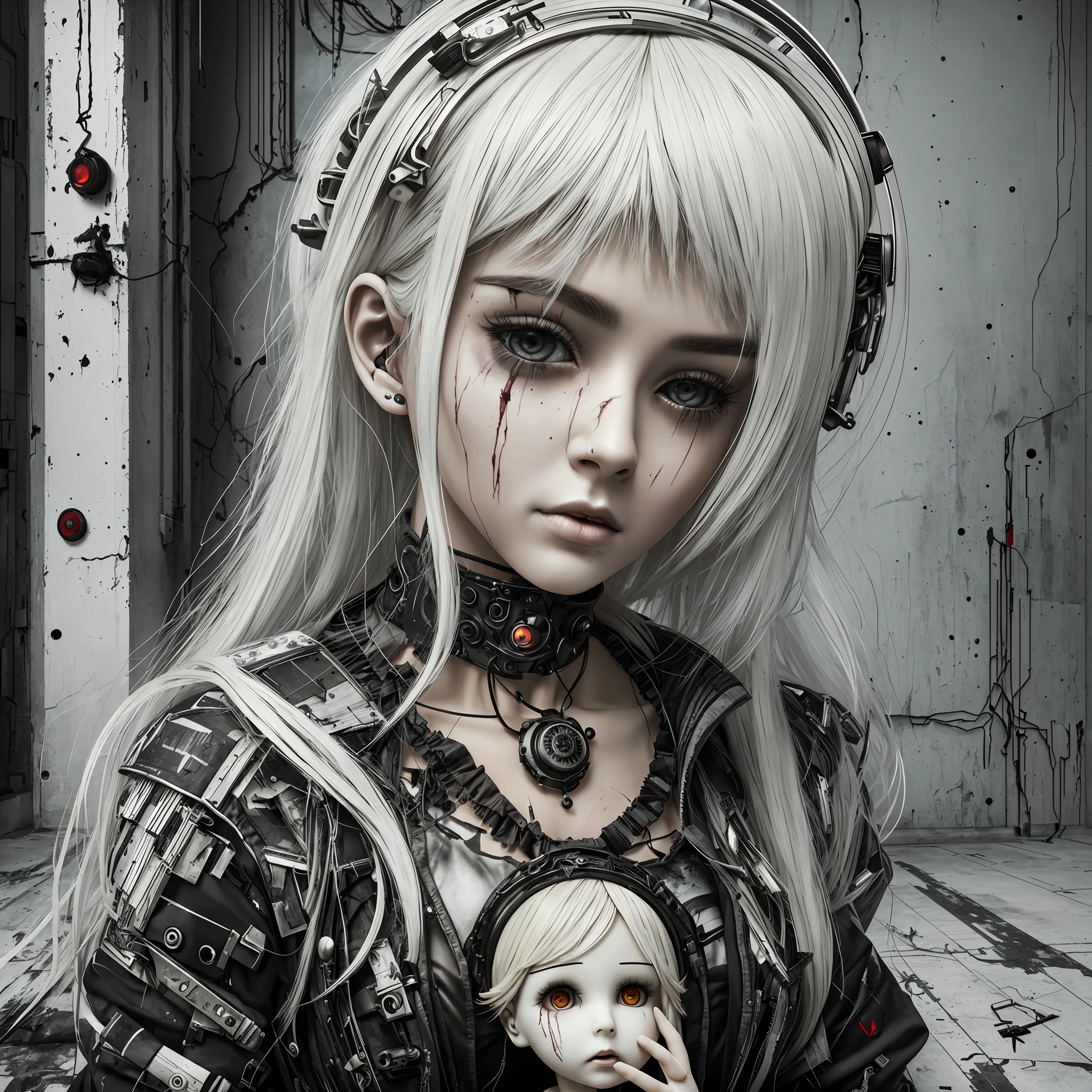 (best quality), (top quality), (8k), (3d), (masterpiece), (dark), (whole body), (melancholy), (sadness), (agony), (terror), (horror), (psychedelic), (cyberpunk), (dark), (black and white), (realistic photo), (real photo), (real doll), (real doll), (realistic doll), ventriloquist's doll, full body, realistic, bloodstained, broken skin, light blonde white hair, white eyes, being controlled in a dark and terrifying post-apocalyptic world - --auto --s2