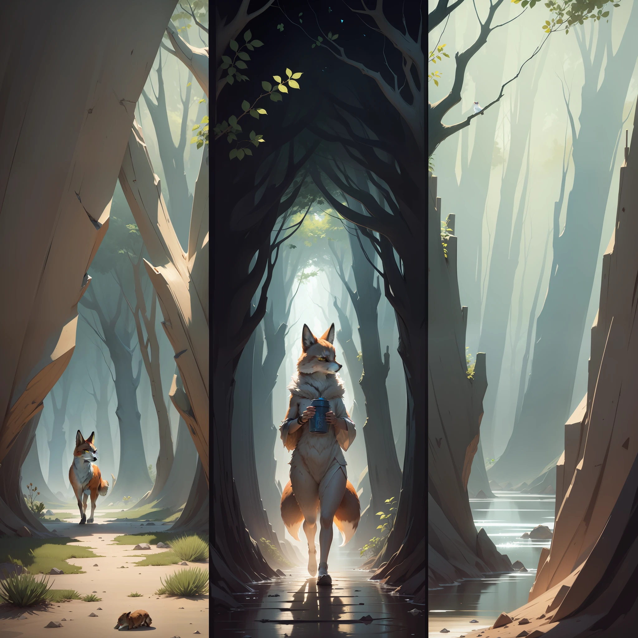 A story in 10 comics drawn by black strokes and without color filling with the following prompt: The fox walks through the desert, tired and thirsty. She spots a mirage of an oasis, but when she gets there, there is no water. The fox continues walking, searching for a safe place and water. She finds a cactus with water, but while drinking, realizes that it is contaminated. The fox continues on its way, now even weaker and more desperate. She spots a tree and runs towards it. When he gets there, he meets an owl, which offers help. The owl gives water and food to the fox, which regains its strength. Together, they find a safe place to rest until the night. The next morning, the fox thanks the owl and makes its way back home.