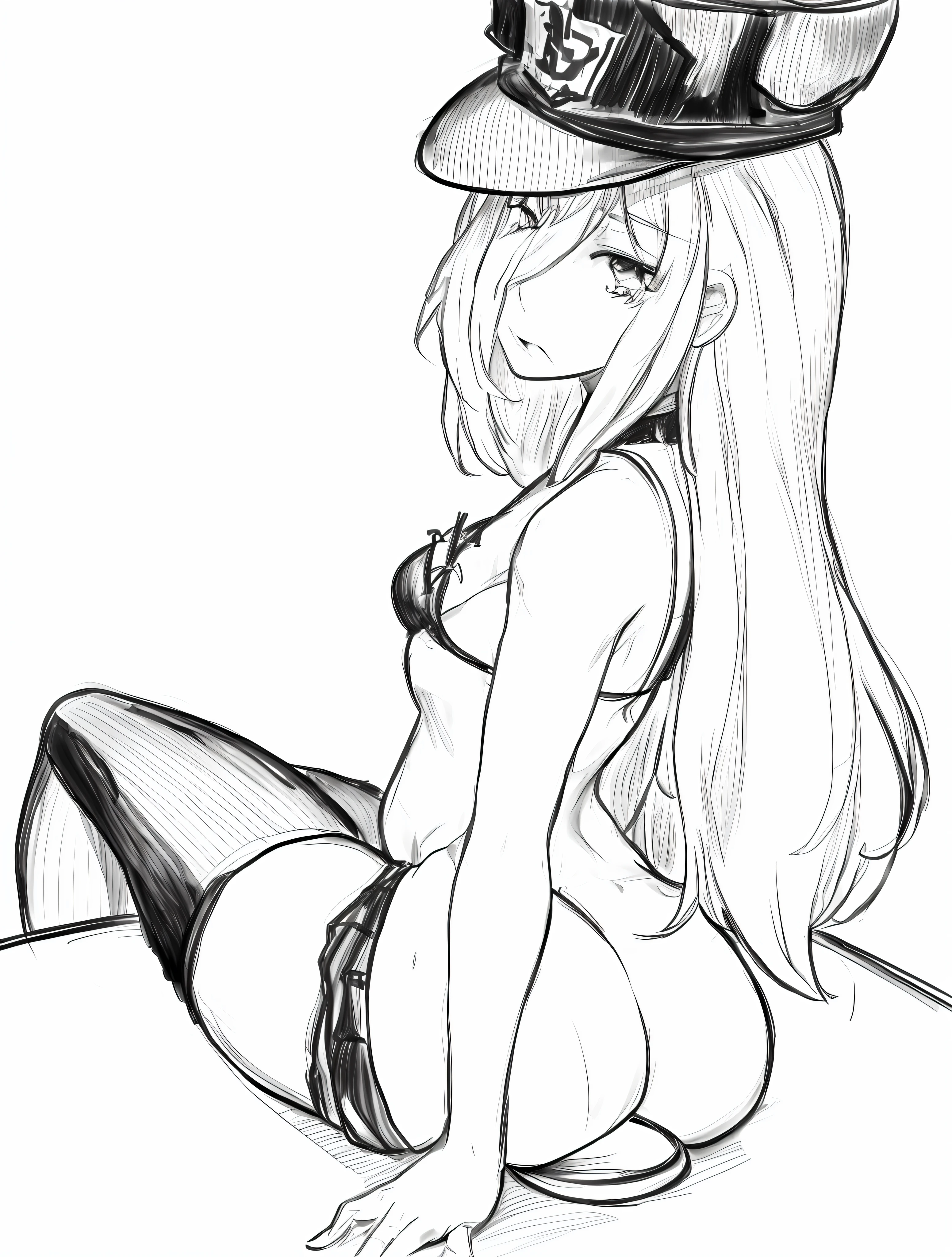 a drawing of a woman in a hat sitting on the ground, thick black lineart, thick lineart, cool shading, thick outlines, seductive anime girl, thick line art, thick outline, perfect lineart, clean lineart, black and white sketch, oc commission, sexy pudica pose gesture, sketchy artstyle, line sketch!!, black and white line art