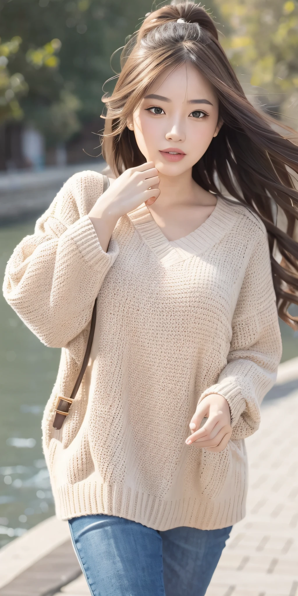 1girl walking on the river, mix4, sweater, pillow, lips, open_mouth, realistic, photo_\(medium\), solo, stuffed_animal, stuffed_toy, teddy_bear,(masterpiece),(photorealistic:1.3), ultra-detailed, (high detailed skin:1.2),(best quality:1.0), (ultra highres:1.0), (ulzzang-6500:0.3), wavy detailed hair, long hair, sunshine, (beautiful detailed makeup), (sexually aroused blushing heavy breathing:1.0), floral theme flower petals scattered, (soft glow bloom:0.5)