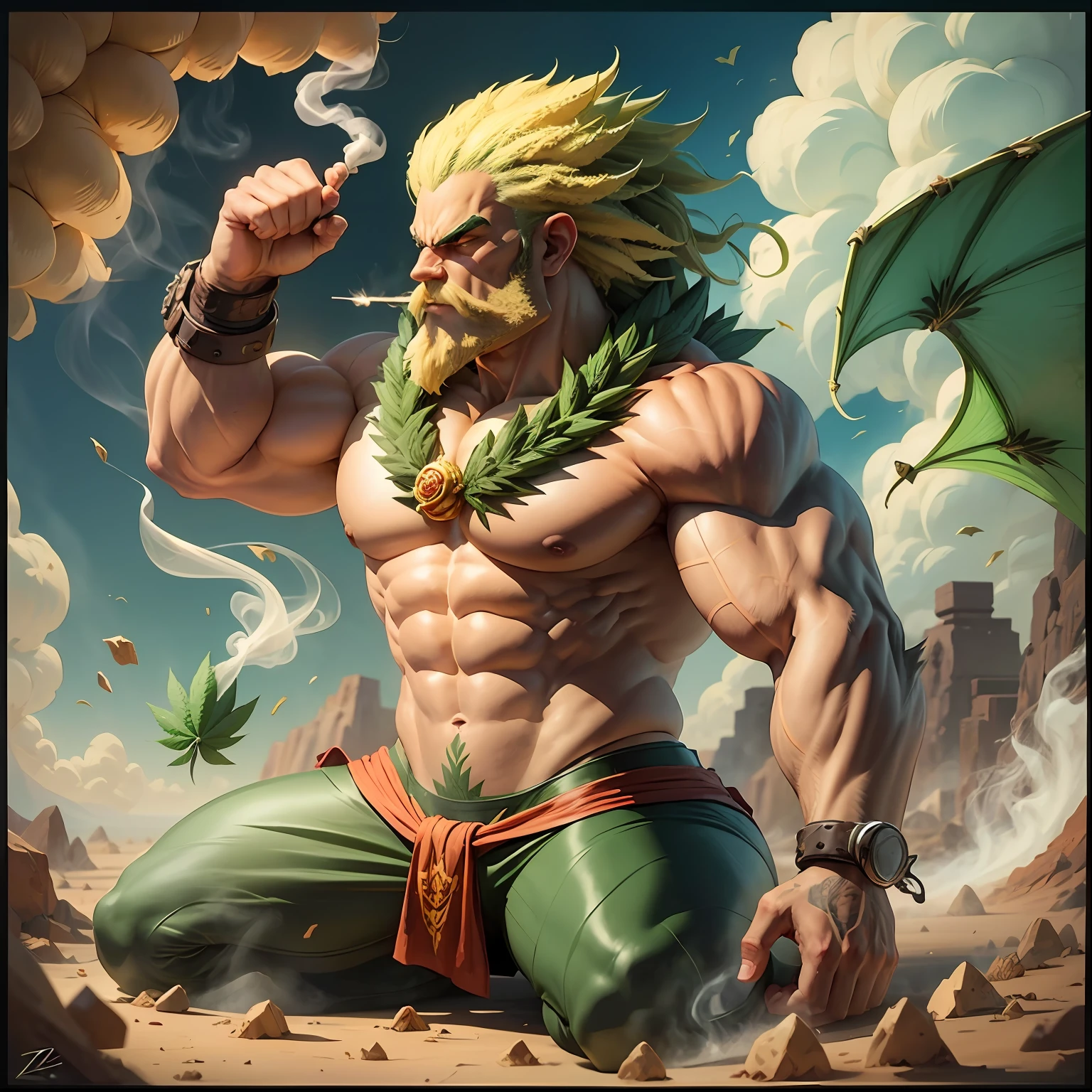 a cartoon marijuana leaf,smoking cannabis,strong man style super-saygin dragonboll z,dragonboll z style scenarios,quite detailed scenery,cannabis smoking equipment