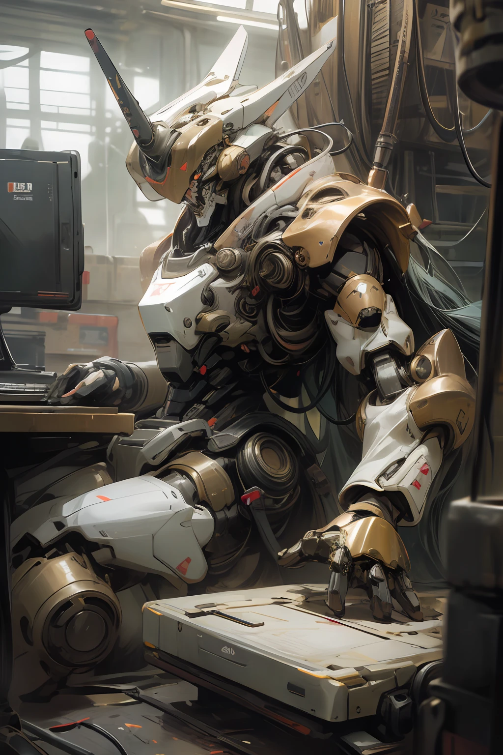 big robots in the real world, big robots like those in anime with versions in the real world, takemikasuzhi war robots that are like warrior swords have long swords in anime, golden robots who are dashing and mighty, ((masterpiece, best quality) ), illustration, ultra detailed 8k, real life robot, extremely detail robot, extremely detail image, photorealistic, sharp focus, incredibly detailed, professional lighting, colorful detail, colorful BREAK ultra-long factory image, huge mechanical robot construction, microchip, computer, shine, intricate detail