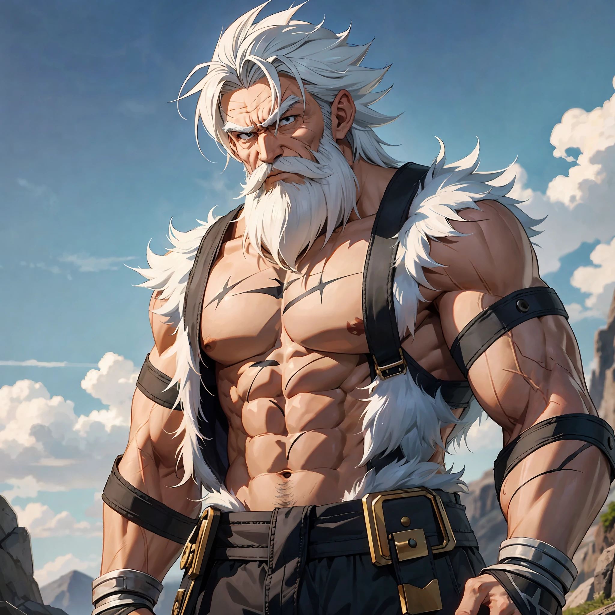 Max Hunter (Various Countries): Old man, beard, scar through the eye, white hair from old age, with the dragon ball goku outfit, muscular shirtless. Standing in a fighting position --auto --s2