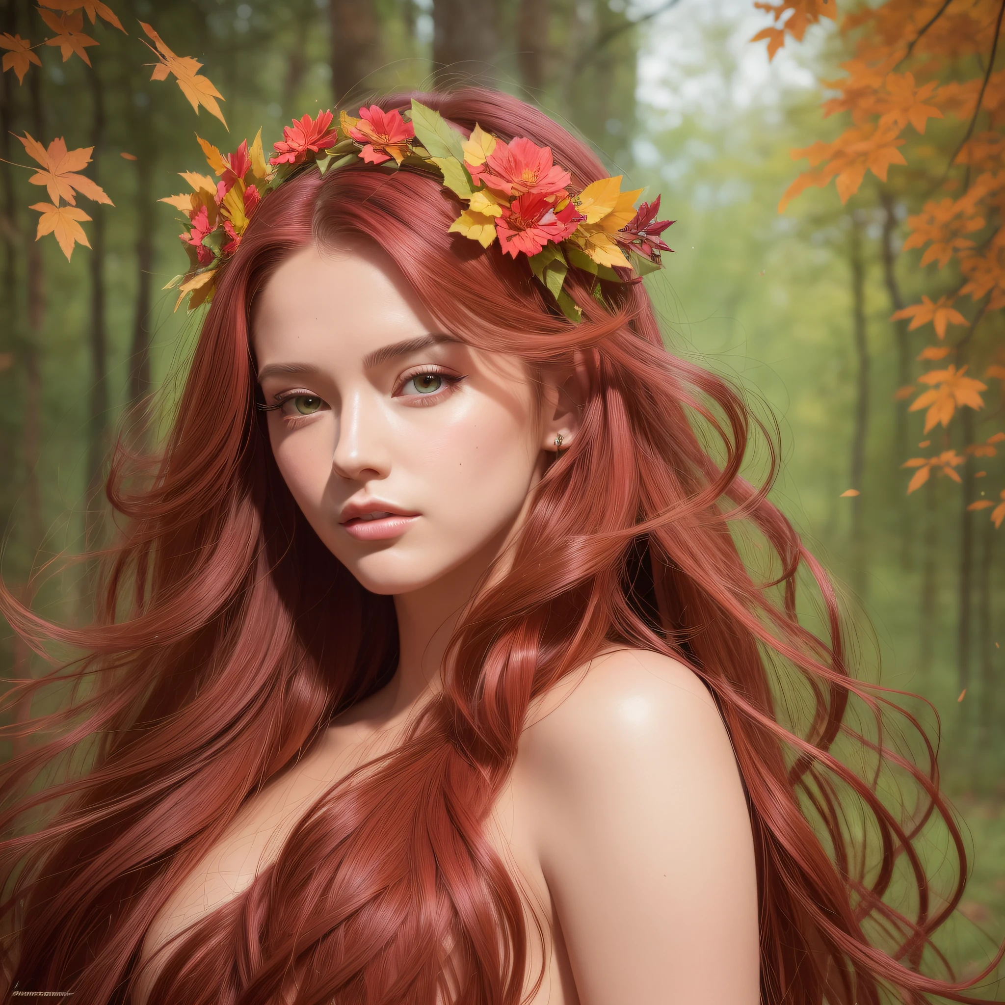 retrofuturism style, portrait of an autumn princess with a beautiful body and long wavy hair with a wreath of autumn leaves in her head , red hair, beautiful body clear face , detailed face , bright colors, creative art, 4k , realistic image , digital painting greg rutkowski, by artgerm
