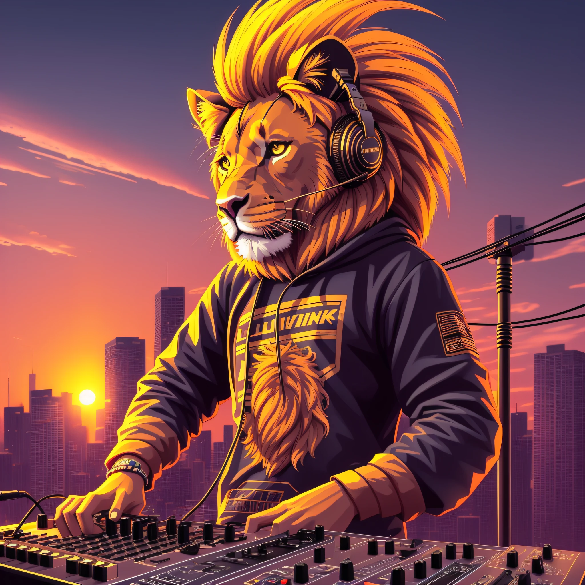 (nvinkpunk:1.2) (snthwve style:0.8) dj lion, headphones,anthro, lightwave, sunset, intricate, highly detailed --auto --s2