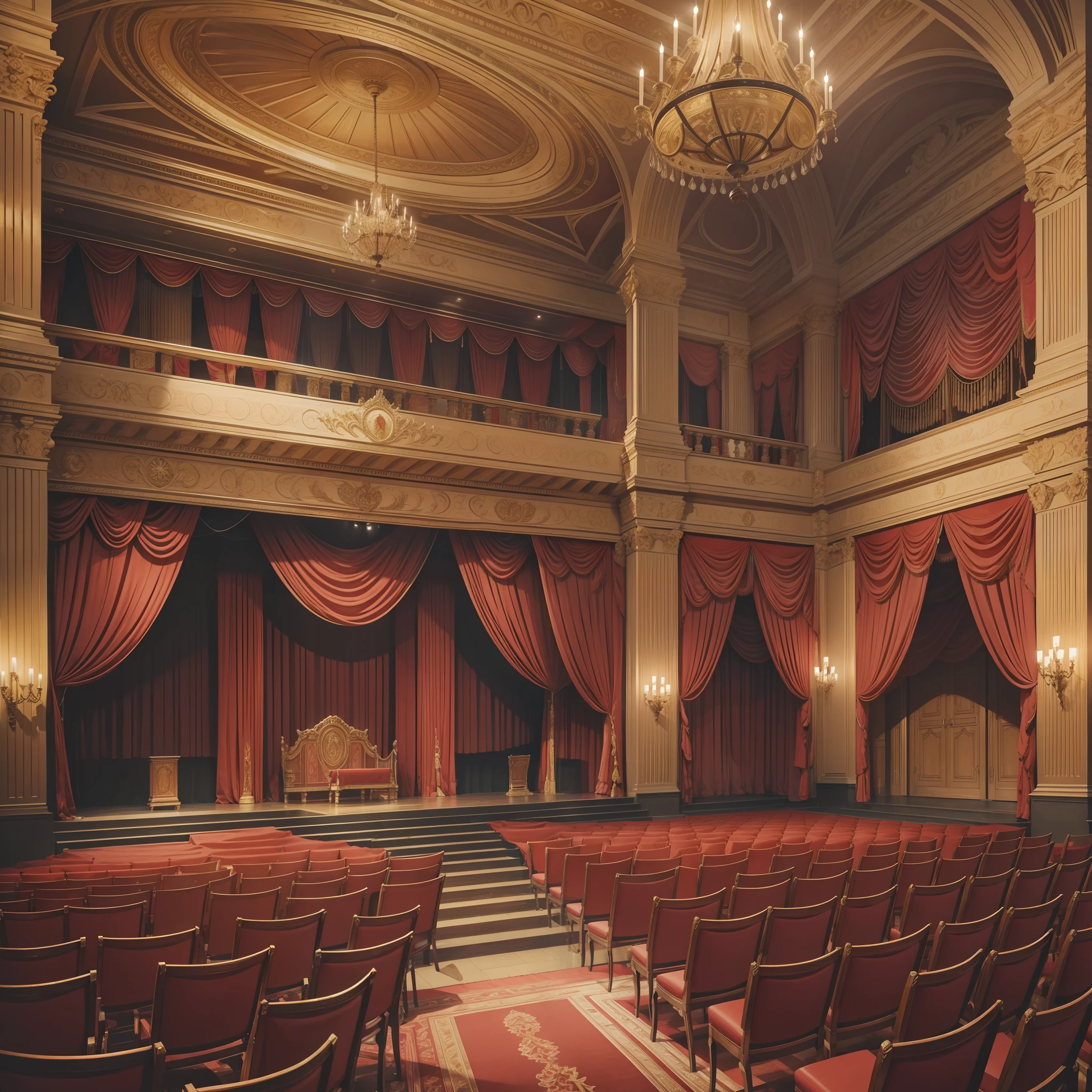 Inside the auction house, the stage is set behind majestic red curtains, illuminated professionally to highlight its grandeur and sophistication. The show is about to begin.