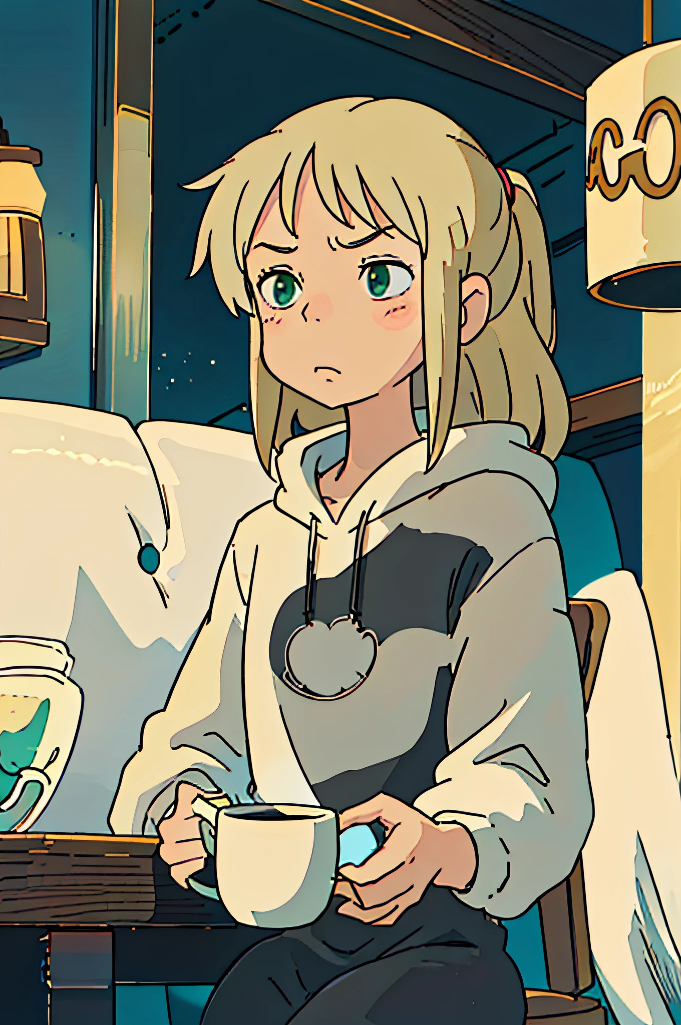 (best quality: 0.8), (best quality: 0.8), western illustration, a woman with long blonde hair holding a white cup, slightly flushed cheeks, soft colors, lofi, portrait, bloom, slightly warm tones, beige, green eyes, wearing a black hooded sweatshirt, superb, abstract background, no bangs on the forehead, light and faint tones, less contrast, tired look, a little irritable and sleepy. slightly beige lights. old image quality