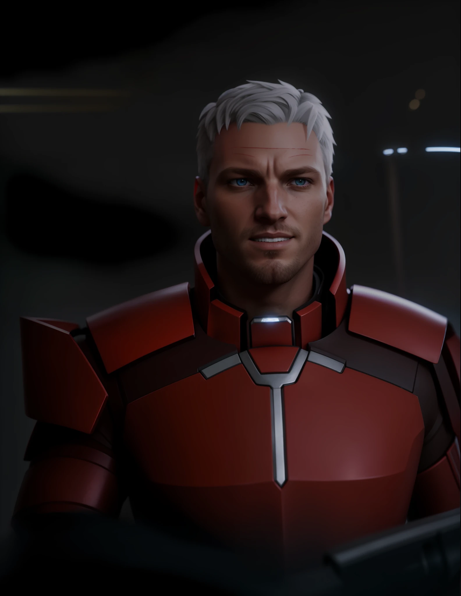 A closeup of a person in a red armor with a sword, wearing mass effect armor, white man with red hair and yellow eyes, white skin and strong male face.