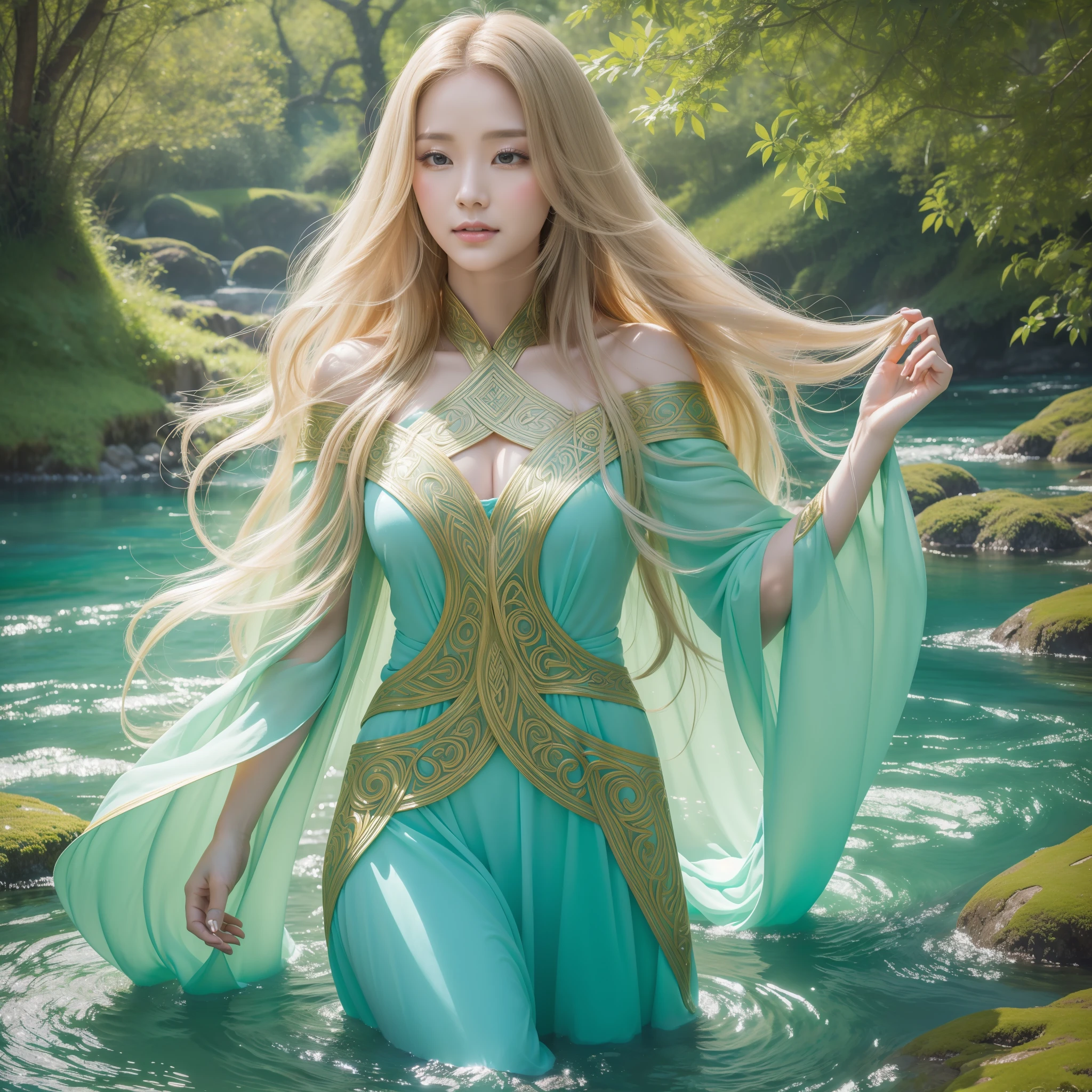 Imagine a serene and lush landscape where a winding river flows with a magical energy. The surrounding vegetation is lush, with ancient trees and wild flowers in vibrant colors. In this setting, the Goddess Boann, a deity from Celtic mythology associated with water and fertility, emerges majestically from the waters.
In the painting, highlight the graceful and radiant figure of Boann. She has long golden hair that flows like water, cascading down over her shoulders. Her skin seems to glow with a gentle divine radiance as she carries an aura of serenity and power. She is dressed in a flowing cloak, evoking the constantly moving waters.
Around Boann, represent the elements associated with his divinity. Soft, ethereal paintings of waves and drops of water can envelop your body, creating a sense of fluidity and renewal. Aquatic animals, such as fish or swans, may be present, symbolizing Boann's connection to aquatic life. In addition, you can include elements of nature, such as aquatic flowers or leafy trees, to emphasize their association with fertility and growth.
On Boann's face, he caught a calm and wise expression. His eyes reflect a deep understanding and connection with nature and divine wisdom. Subtle paintings of Celtic symbolism, such as Celtic knots or triskles, can adorn your skin or your mantle, representing tradition and ancestral teachings.
Use a palette of soft, translucent colors to create a magical atmosphere in the painting. Shades of blue, green and gold can predominate, evoking water and the vitality of nature. Use soft, fluid brushstrokes to convey the feeling of movement and fluid energy.