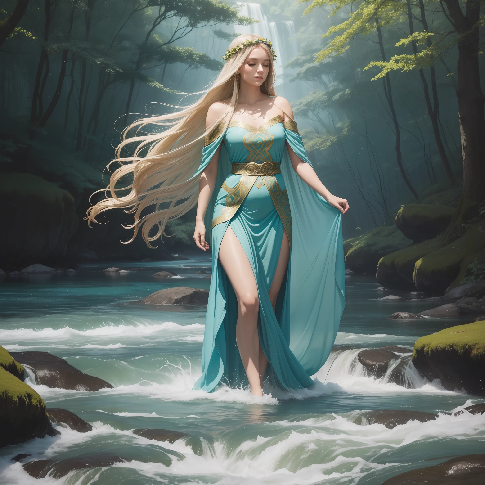 Imagine a serene and lush landscape where a winding river flows with a magical energy. The surrounding vegetation is lush, with ancient trees and wild flowers in vibrant colors. In this setting, the Goddess Boann, a deity from Celtic mythology associated with water and fertility, emerges majestically from the waters.
In the painting, highlight the graceful and radiant figure of Boann. She has long golden hair that flows like water, cascading down over her shoulders. Her skin seems to glow with a gentle divine radiance as she carries an aura of serenity and power. She is dressed in a flowing cloak, evoking the constantly moving waters.
Around Boann, represent the elements associated with his divinity. Soft, ethereal paintings of waves and drops of water can envelop your body, creating a sense of fluidity and renewal. Aquatic animals, such as fish or swans, may be present, symbolizing Boann's connection to aquatic life. In addition, you can include elements of nature, such as aquatic flowers or leafy trees, to emphasize their association with fertility and growth.
On Boann's face, he caught a calm and wise expression. His eyes reflect a deep understanding and connection with nature and divine wisdom. Subtle paintings of Celtic symbolism, such as Celtic knots or triskles, can adorn your skin or your mantle, representing tradition and ancestral teachings.
Use a palette of soft, translucent colors to create a magical atmosphere in the painting. Shades of blue, green and gold can predominate, evoking water and the vitality of nature. Use soft, fluid brushstrokes to convey the feeling of movement and fluid energy.