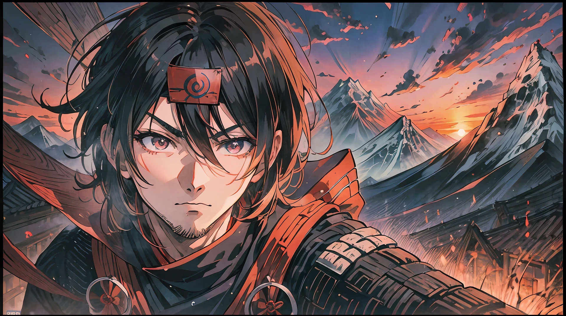 anime character, sasuke uchiha, suzano'o, mengakyo sharingan eyes, attack position, mountain in the background, sunset, intricate details. --auto --s2