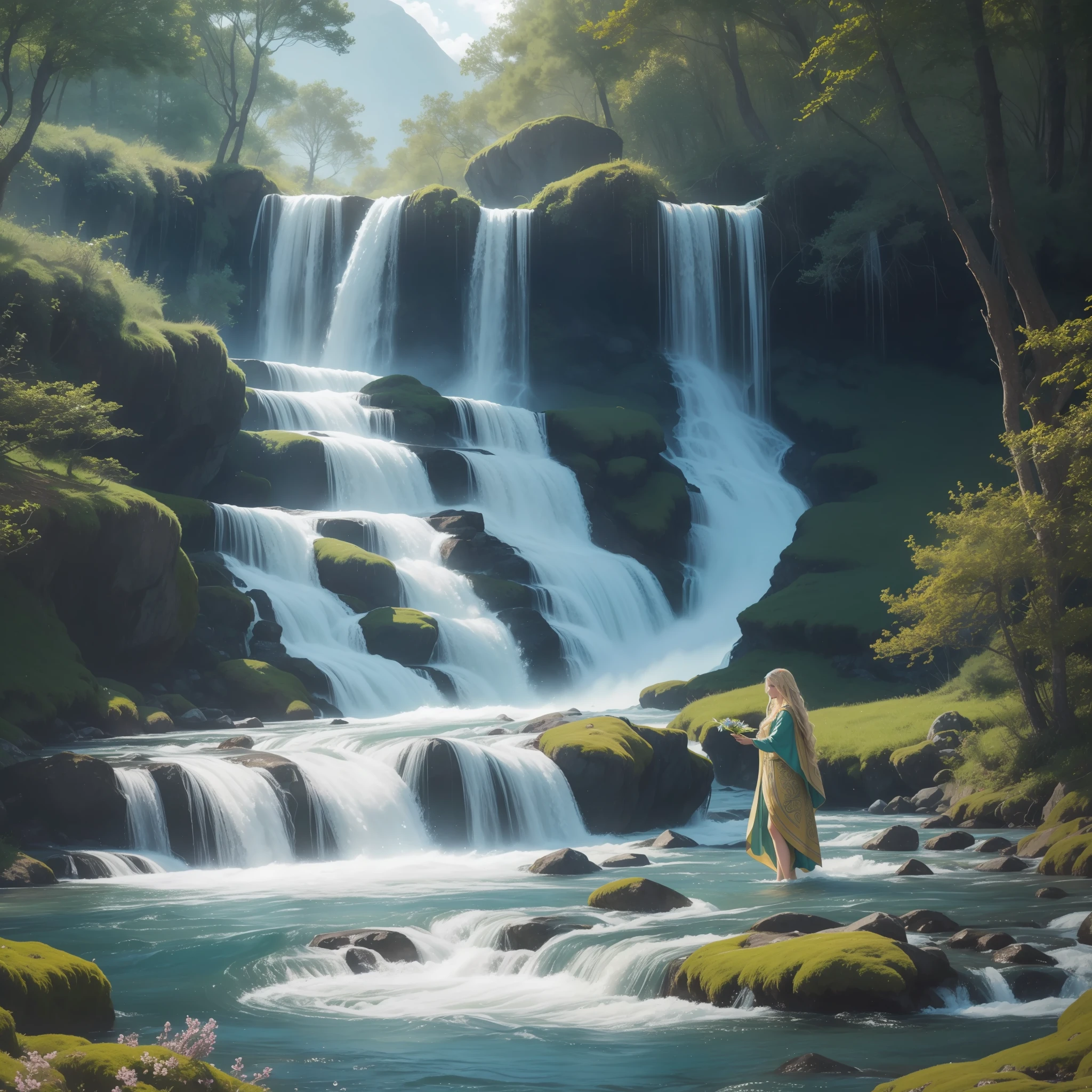 Imagine a serene and lush landscape where a winding river flows with a magical energy. The surrounding vegetation is lush, with ancient trees and wild flowers in vibrant colors. In this setting, the Goddess Boann, a deity from Celtic mythology associated with water and fertility, emerges majestically from the waters.
In the painting, highlight the graceful and radiant figure of Boann. She has long golden hair that flows like water, cascading down over her shoulders. Her skin seems to glow with a gentle divine radiance as she carries an aura of serenity and power. She is dressed in a flowing cloak, evoking the constantly moving waters.
Around Boann, represent the elements associated with his divinity. Soft, ethereal paintings of waves and drops of water can envelop your body, creating a sense of fluidity and renewal. Aquatic animals, such as fish or swans, may be present, symbolizing Boann's connection to aquatic life. In addition, you can include elements of nature, such as aquatic flowers or leafy trees, to emphasize their association with fertility and growth.
On Boann's face, he caught a calm and wise expression. His eyes reflect a deep understanding and connection with nature and divine wisdom. Subtle paintings of Celtic symbolism, such as Celtic knots or triskles, can adorn your skin or your mantle, representing tradition and ancestral teachings.
Use a palette of soft, translucent colors to create a magical atmosphere in the painting. Shades of blue, green and gold can predominate, evoking water and the vitality of nature. Use soft, fluid brushstrokes to convey the feeling of movement and fluid energy.