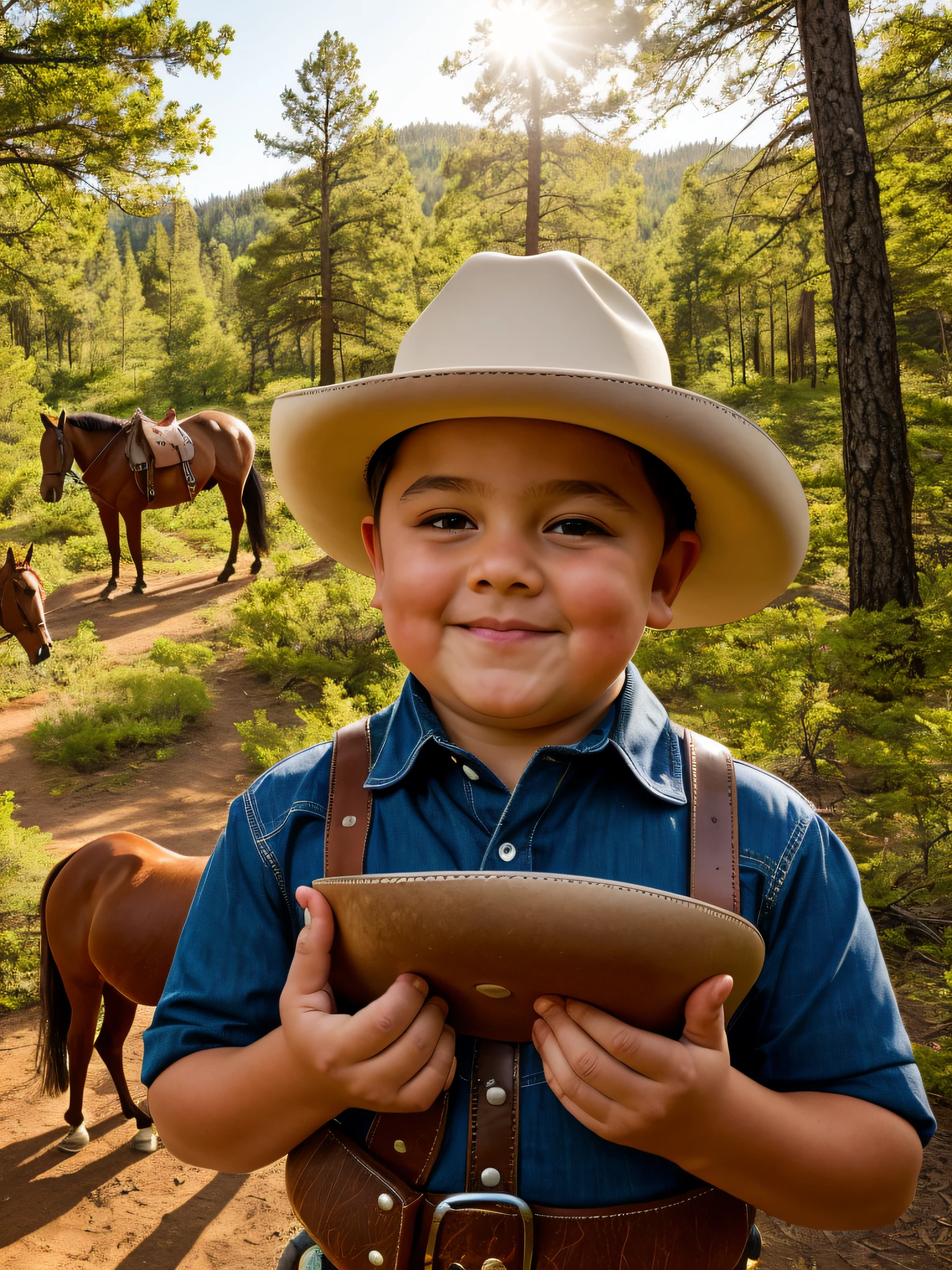 a chubby 8 year old boy wearing cowboy clothes and cowboy hat,in a forest,a horse in the background, ultra realistic details, intricate, 4k