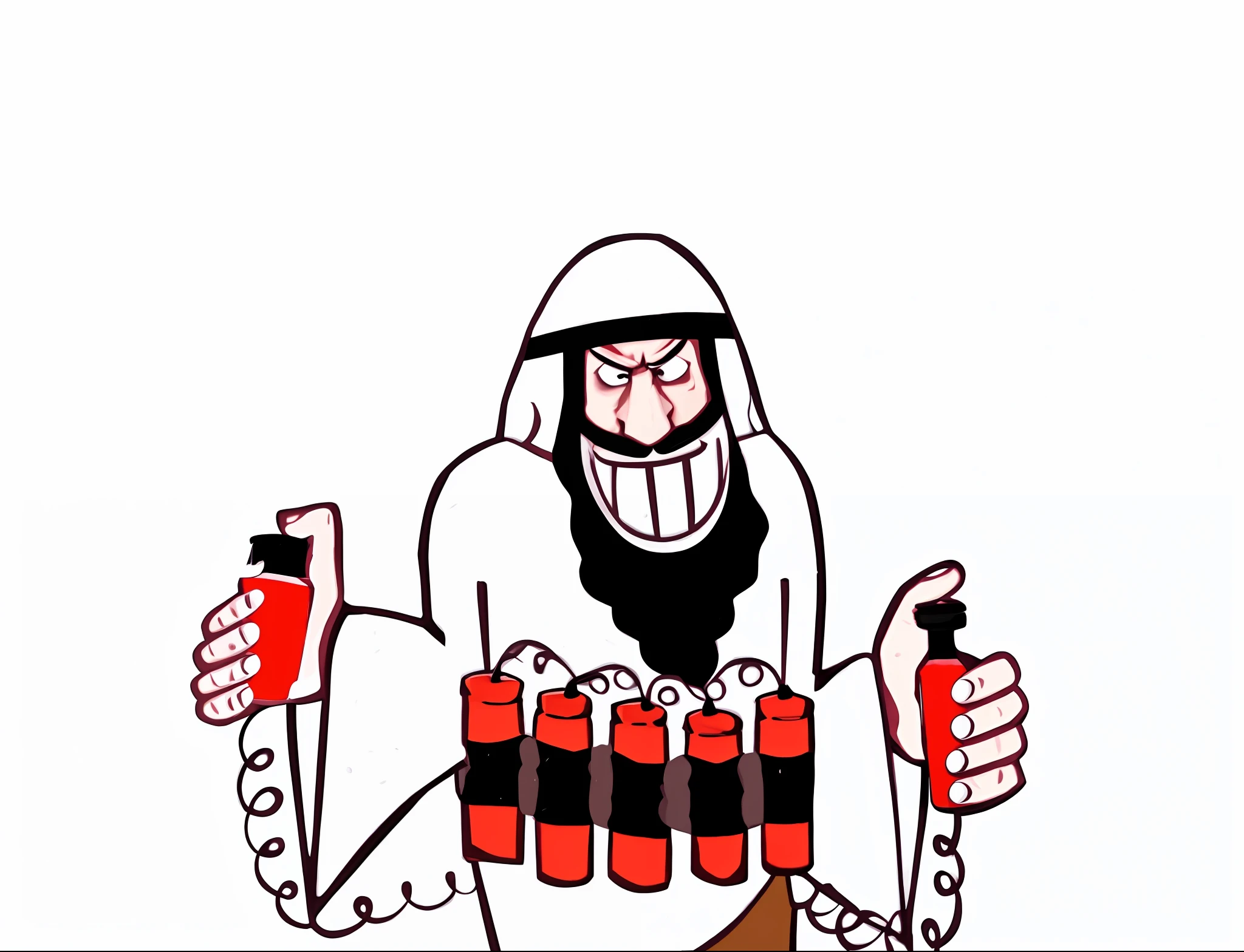 cartoon of a man with a beard holding a bottle of red liquid, rasputin as grubhub character, taliban, cartoon image, mekka, bombs, inspired by Heinz Anger, sheikh, ninja jesus, cartoon still, hardops, cartoonish and simplistic, by Robert Freebairn, hand grenades, cultist, cult leader