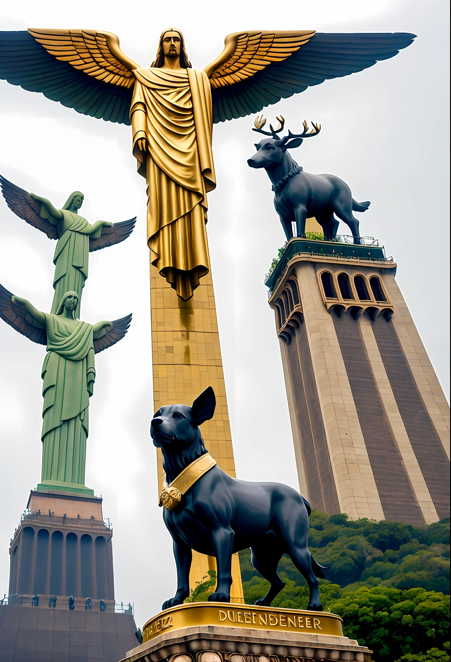 Dog with wings, deer antlers, flying over the statue of Christ the Redeemer in Brazil, rainy sky.