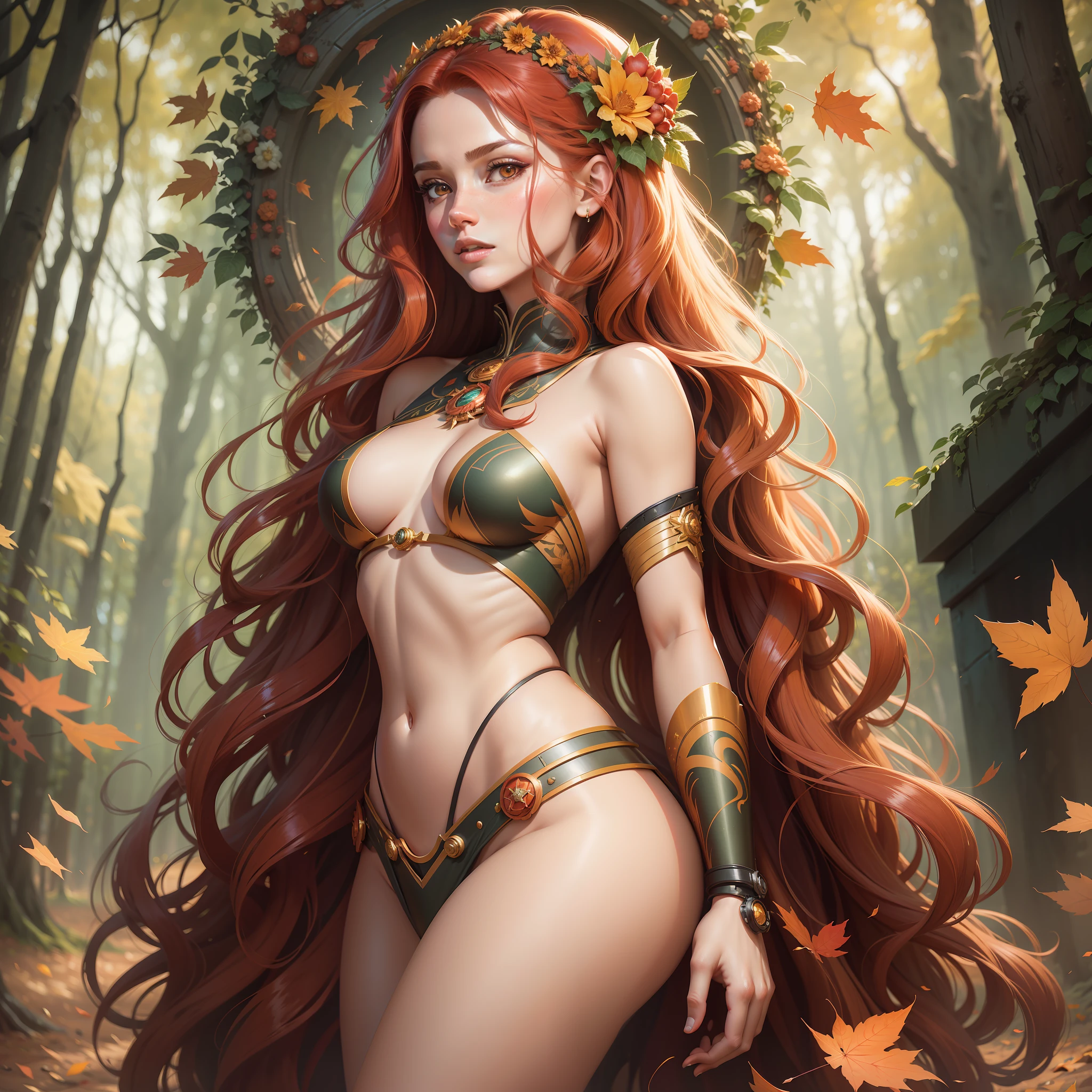 retrofuturism style, portrait of an autumn princess with a beautiful body and long wavy hair with a wreath of autumn leaves in her head , red hair, beautiful body clear face , detailed face , bright colors, creative art, 4k , realistic image , digital painting greg rutkowski, by artgerm
