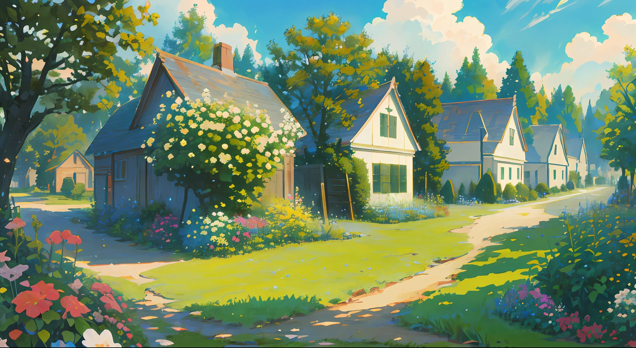 Masterpiece, best quality, official art, extremely detailed CG unity 8k wallpaper, outdoors, animals, spring \(seasons\), cloudy sky, studio ghibli, garden, village,