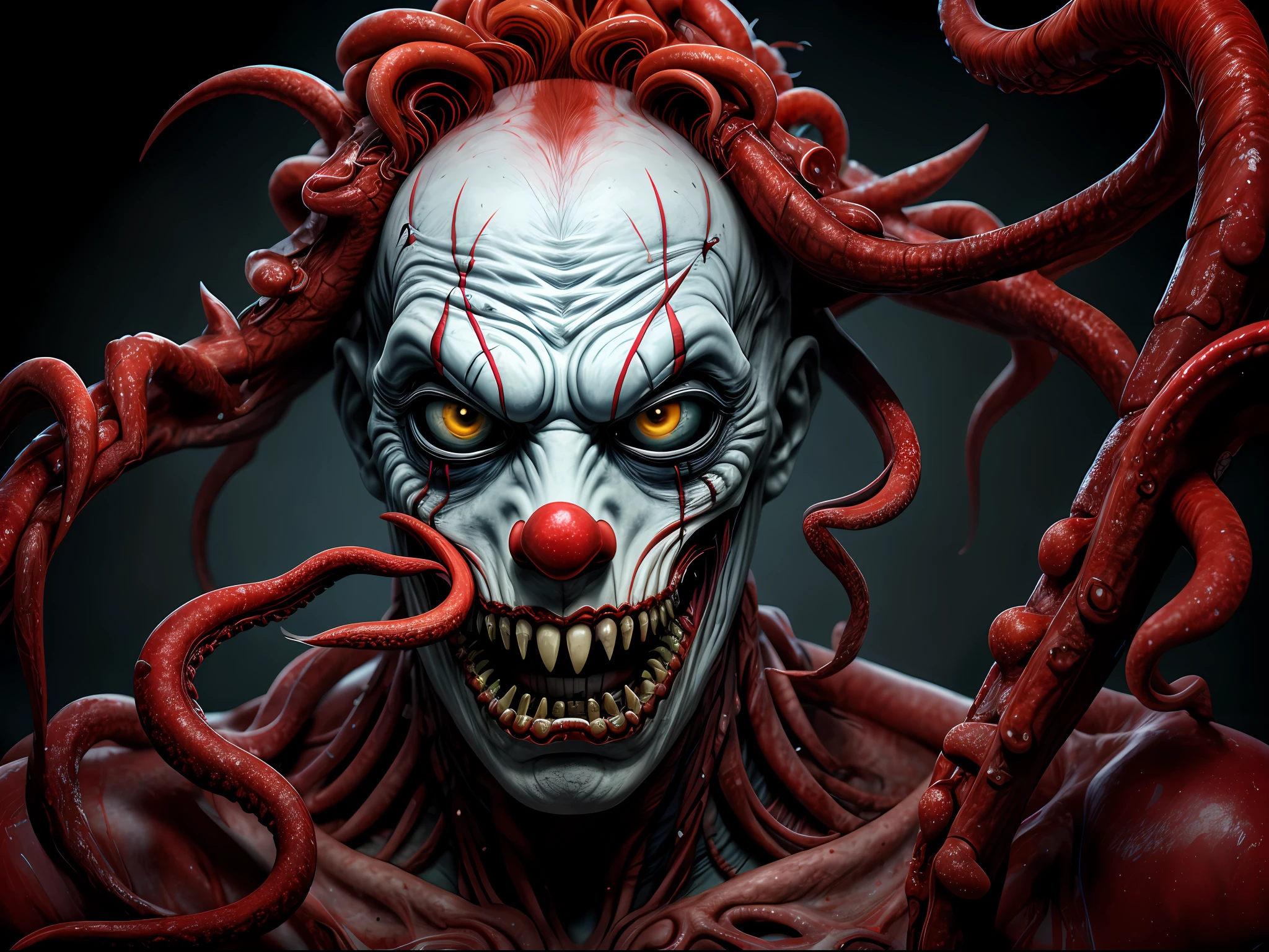 Killer clown, masterpiece,best quality, ultra detailed,highres,high-resolution,4k,4k portrait,8k,8k portrait,unity 8k wallpaper,extremely detailed CG,unity 8k wallpaper,realistic,RAW photo,real person, portrait photography,photorealistic,
close-up portrait,
disgusting body horror creature, reelhorror, blood, humanoid, tentacles, creature, monster, dismembered,