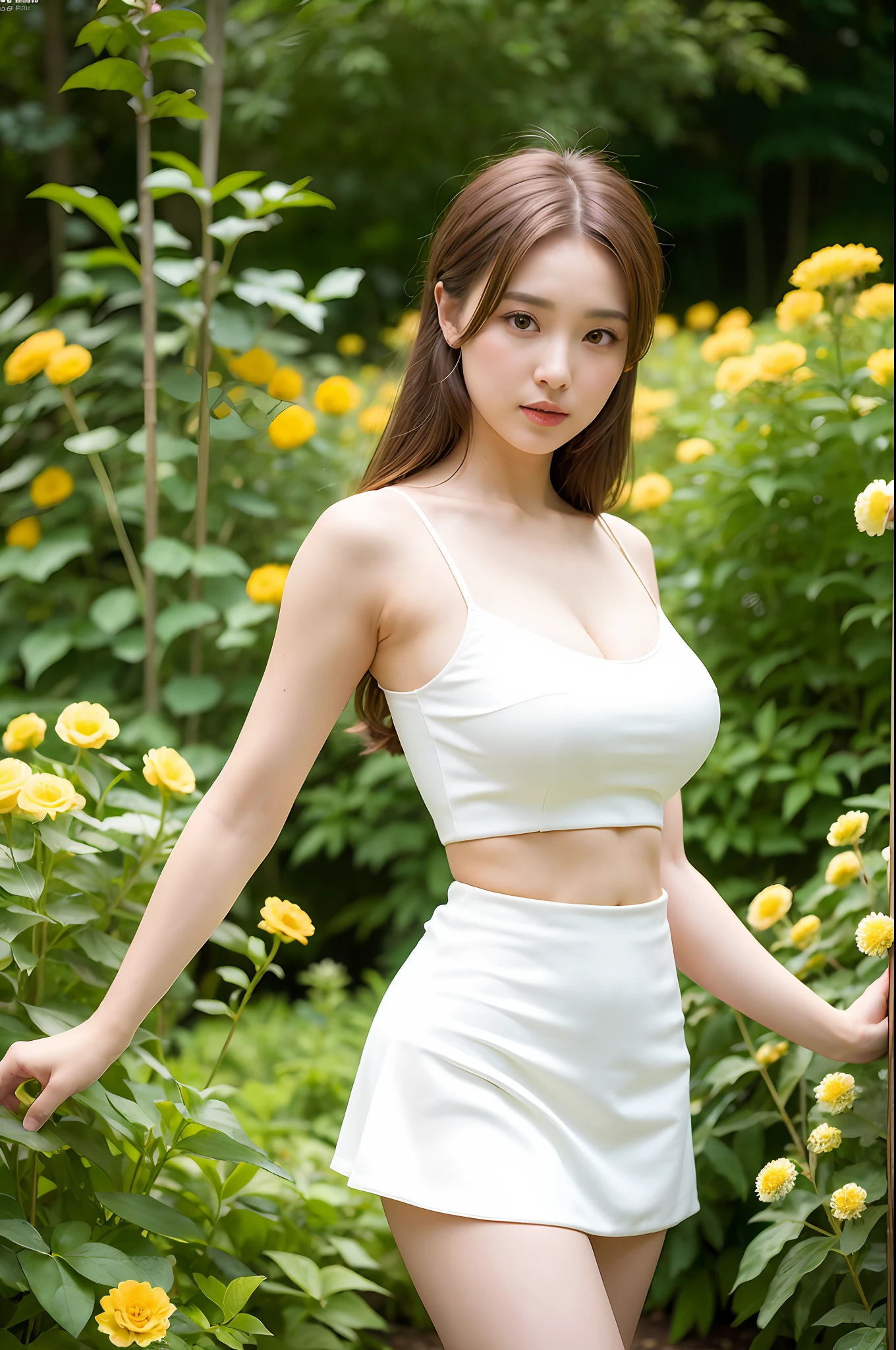 (Best Quality, Masterpiece: 1.2), Portrait, Big Tits, Outdoor, 25-Year-Old Woman in the Garden: 2, White Miniskirt, (Pale Yellow Flower Confusion in the Background: 1.3) Same character, different costume, different angle, backlight: 1.5, rich skin detail: 1.5,