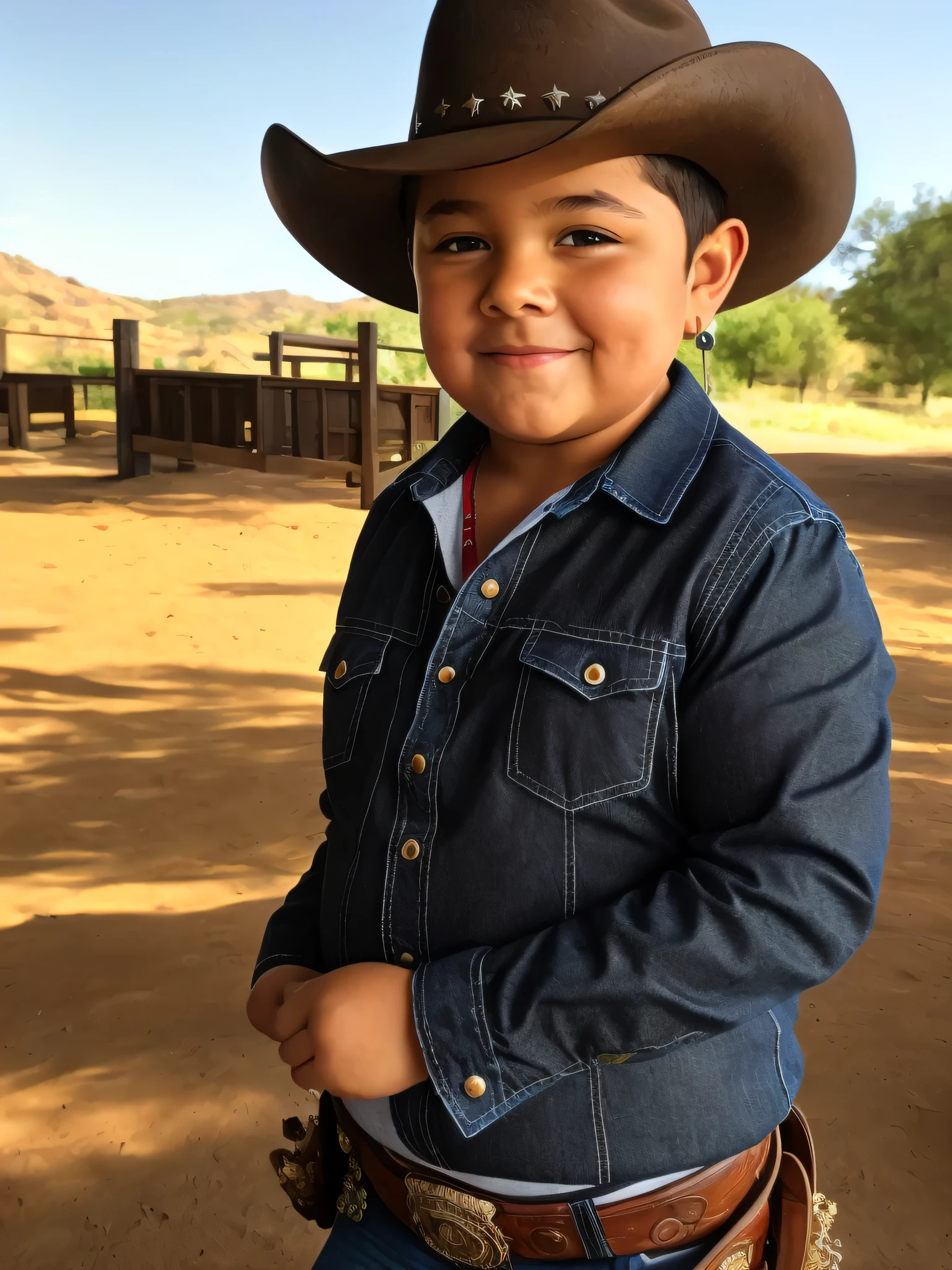 a chubby 8  boy wearing cowboy clothes and cowboy hat,ultra realistic details, intricate, 4k