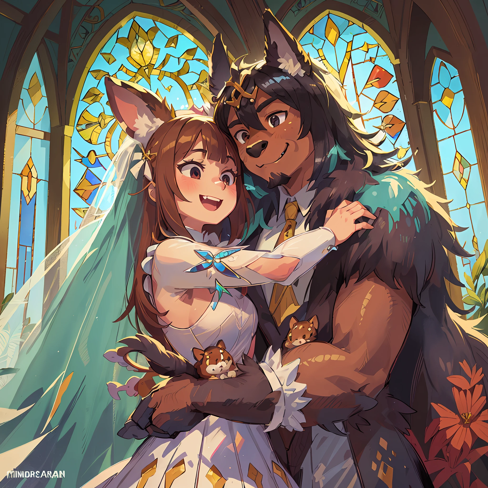 Top quality, ultra-fine illustration (association, colorful stained glass with shimmering light, wedding isle lined with jewel-like lamps) (beautiful face and eyes in great detail) Absurd perfect anatomy ((Beastman)))) (Beastman, wedding between beastmen in wedding dress and tuxedo, wedding photo, husband hugging wife's shoulder, two people looking at each other and smiling, happy, happy) (Furry Antro: 1.7) (((furry body, animal facial features, animal body features))) (((muzzle of the animal, very detailed fur)))) full body, smile (dynamic pose),