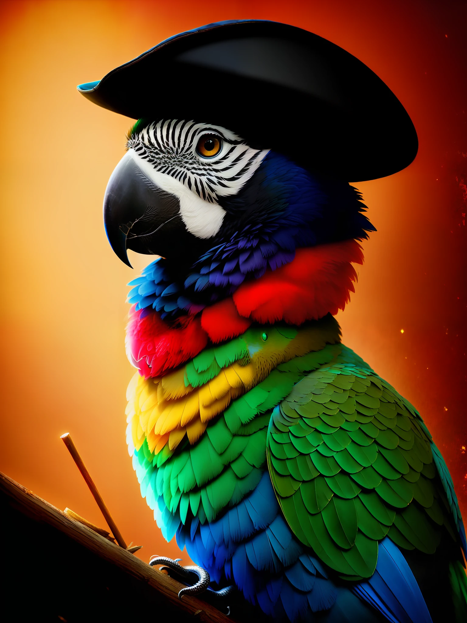 analog style, DSLR Photo (plunging view) photorealist digital painting of a mischievous (dimly lit parrot, donning a pirate hat AND a colorful beaded necklace:1.3) sits perched on an (ancient tattered appearance and elaborate golden stem:1.3) , inlaid in gold and ruby, emerald and sapphire jewels, on a medieval oak table engraved with kabbalistic (glowing sigils), near a lit candle, jewels, magic, ominous, gorgeous , masterpiece, (insanely detailed), best quality, extremely detailed, UHD 8k, octane render, ray tracing, award winning photography, Photorealistic, stunning environment, trending on artstation, trending on CGsociety, Intricate environment, High Detail, dramatic, subdued colors, darkness, dramatic lighting, art by greg rutkowski and by moebius and by antoine mucha, analog style, (medieval:1.3), (grit:1.3), (decay:1.3),(dirt:1.3), (darkness:1.3) (neglect:1.2) RFKTR_sinetempore