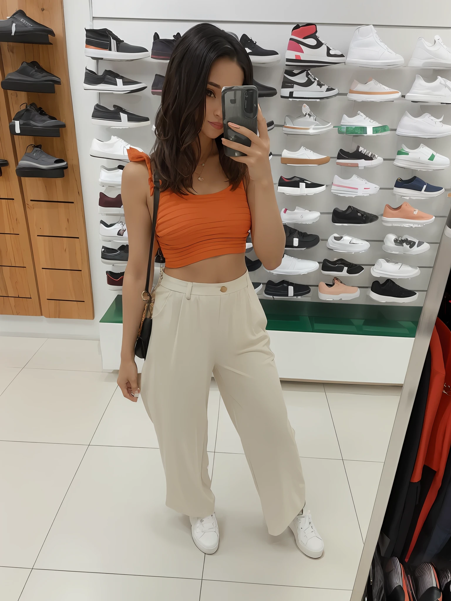 there is a woman taking a picture of herself in a shoe store, croptop, crop top, trendy clothes, full body picture, outfit photo, coral, casual clothes, wearing crop top, casual clothing, orange tones, vshojo, classic vibes, outfit, wearing a sexy cropped top, large pants, bralette, taken with sony alpha 9