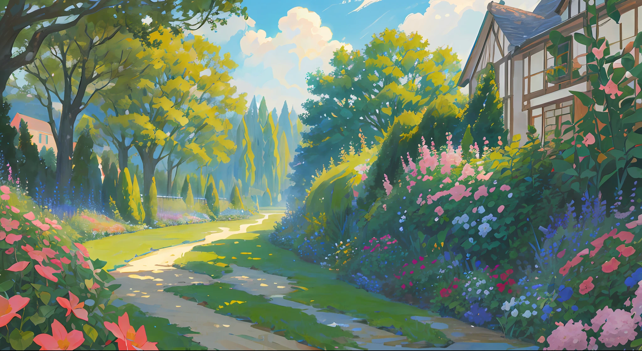 Masterpiece, best quality, official art, 8k wallpaper of extremely detailed CG unit, outdoors, animals, spring \(seasons\), overcast sky, ghibli studio, garden, villa, siames cat