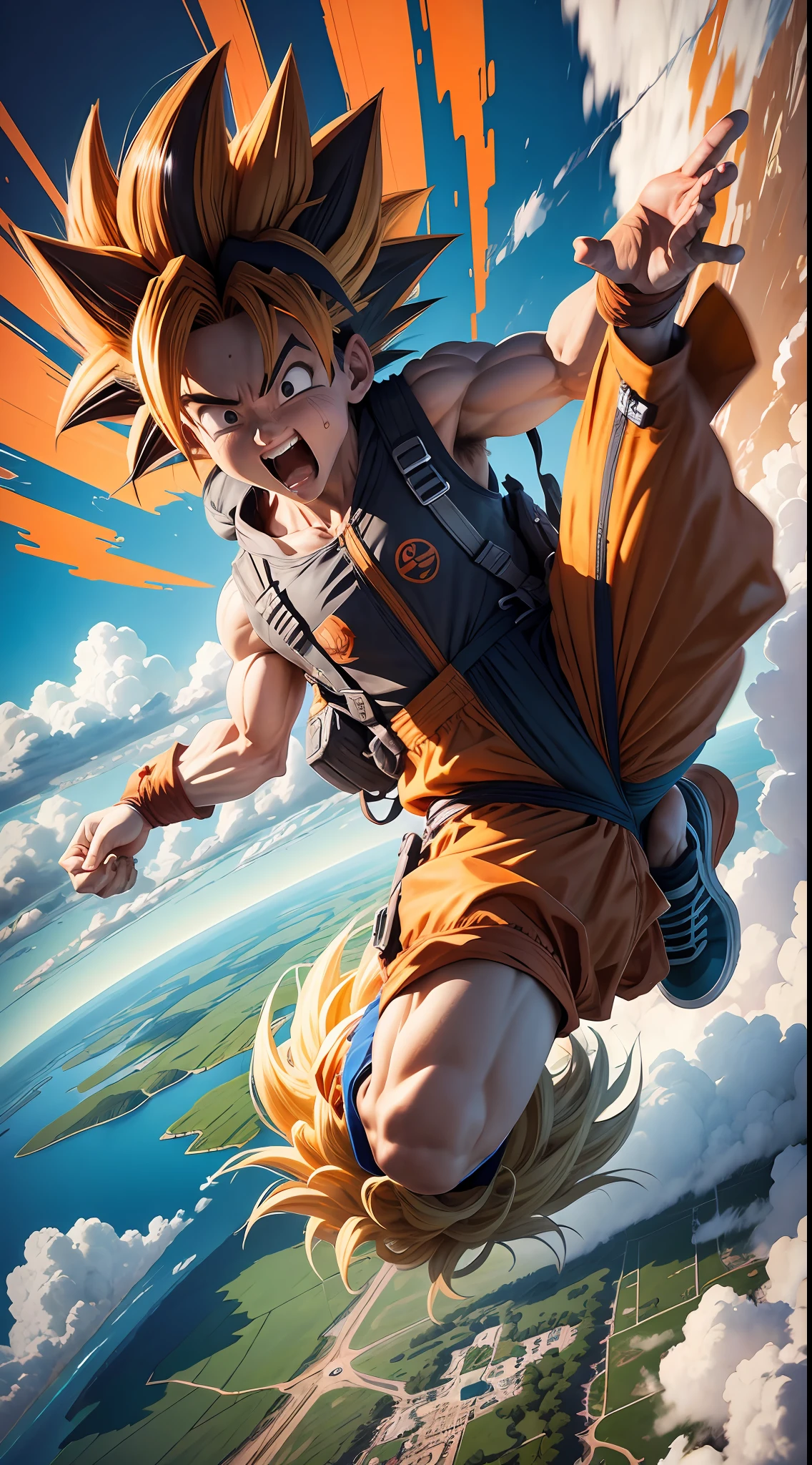 Goku parachute jumping, Wide angle, vivid colors, 4K, digital illustration, ultra realistic, Artstation --auto --s2