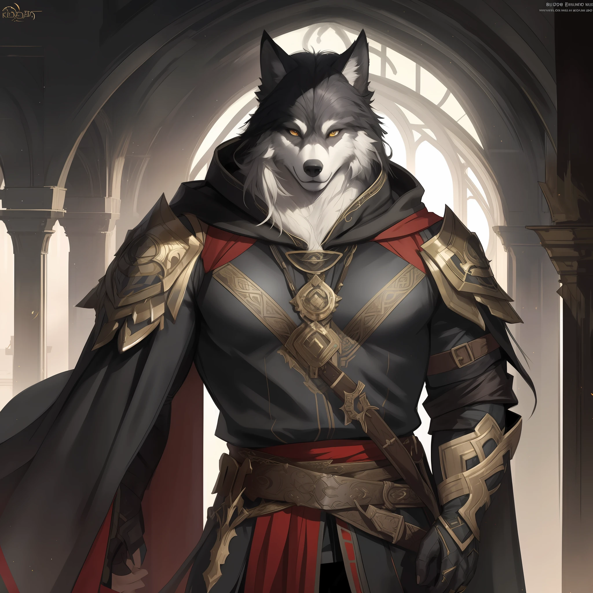 blaidd,blaidd cloak,Ruan Jia,Pino Daeni,darkgem,dimwitdog,muscular male wolf anthro, (detailed face), (detailed fluffy fur)