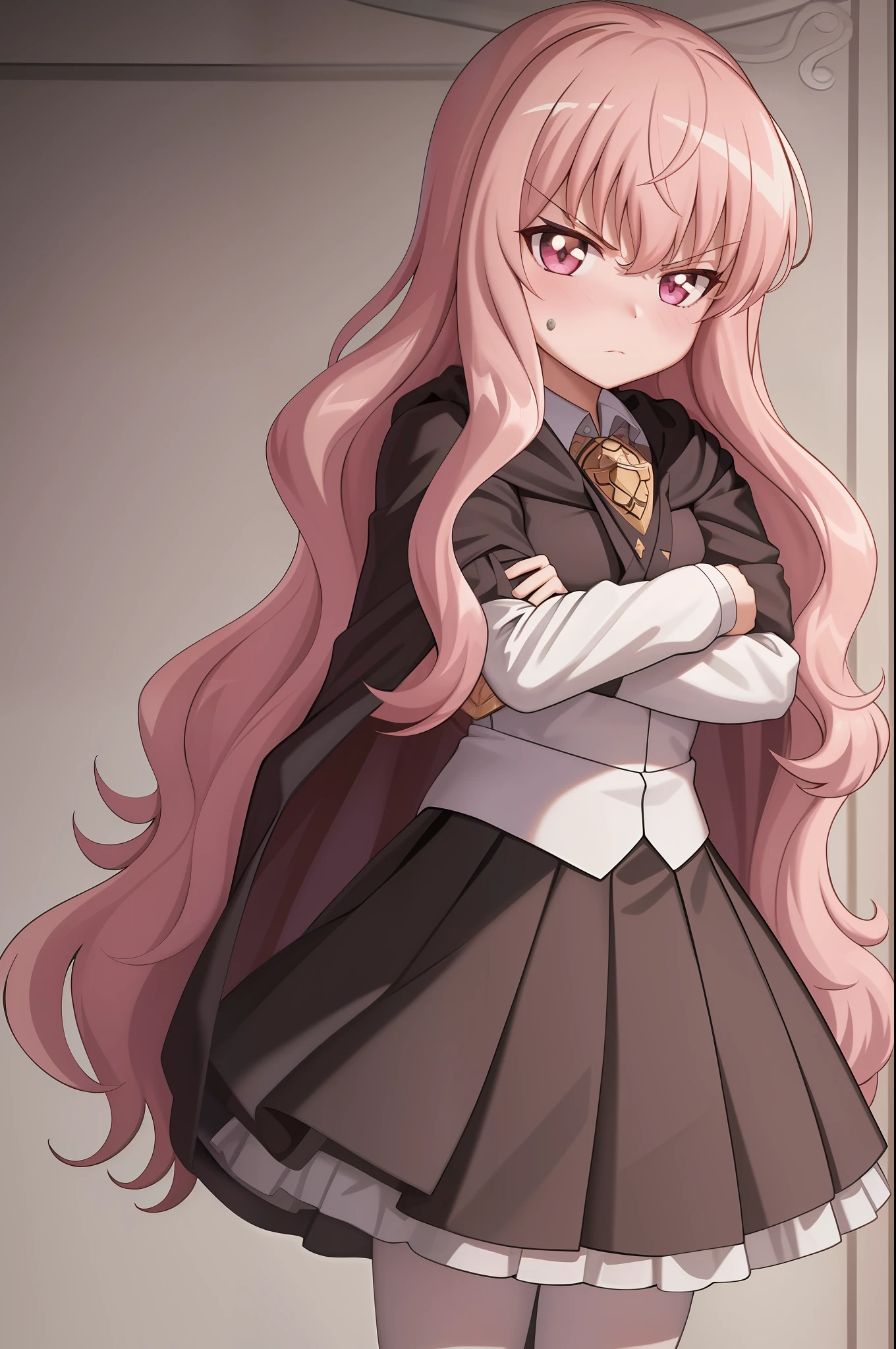masterpiece, best quality, extremely detailed CG unit 8k wallpaper,
1girl, Louise Francoise Le Blanc de la Valliere, black cape, school uniform, angry, blush, arms crossed
hands on the waist, facing the viewer, upper body,