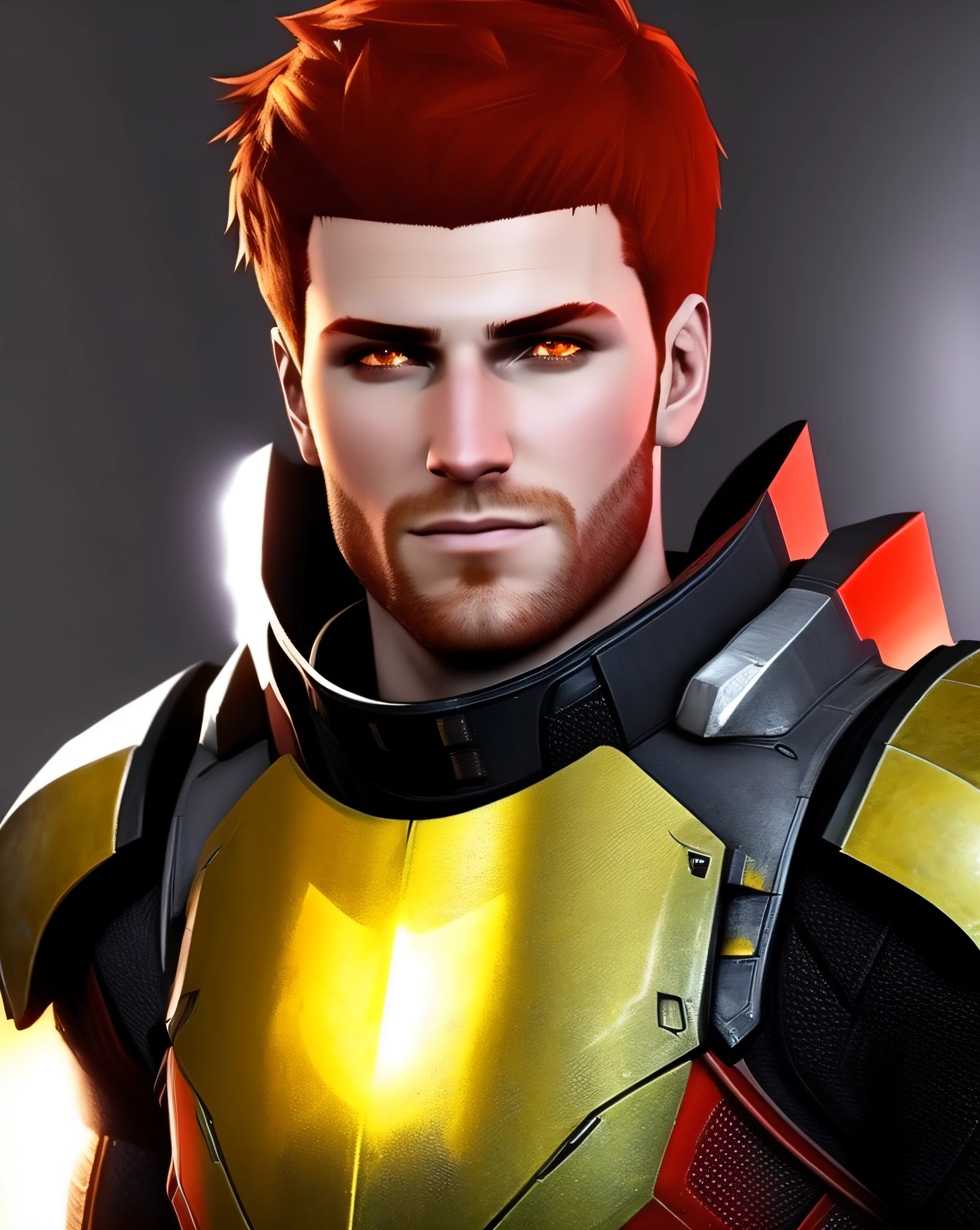 A closeup of a person in a red armor with a sword, wearing mass effect armor, white man with red hair and yellow eyes, white skin and strong male face, red hair and yellow eyes.