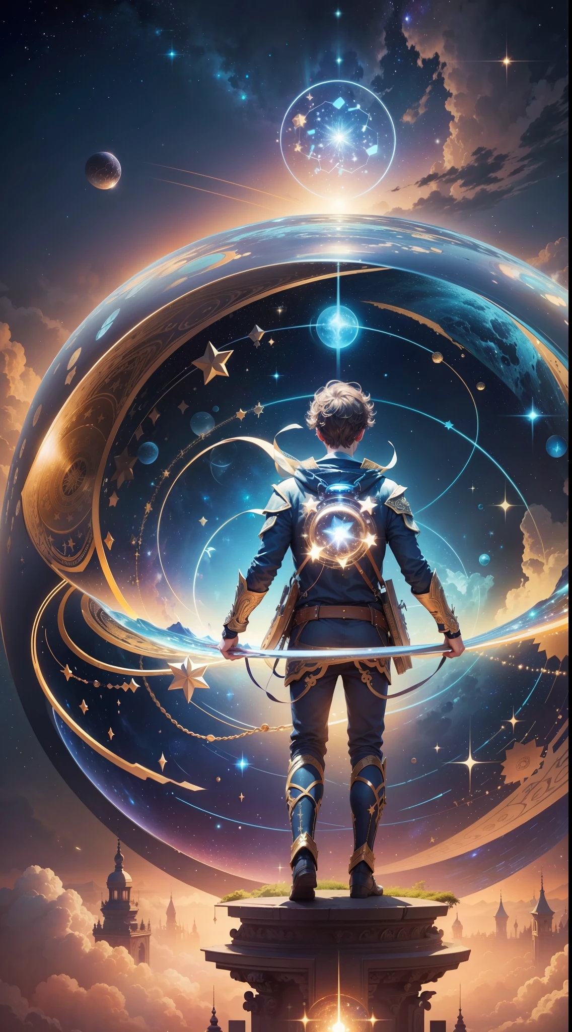 One image shows a person floating in a starry sky, aware that he is in a dream. Symbols of creativity and self-knowledge surround the person, representing the ability to explore and discover new horizons within dreams. The image conveys the sense of freedom and unlimited potential that lucid dreams offer to explore and expand the mind."