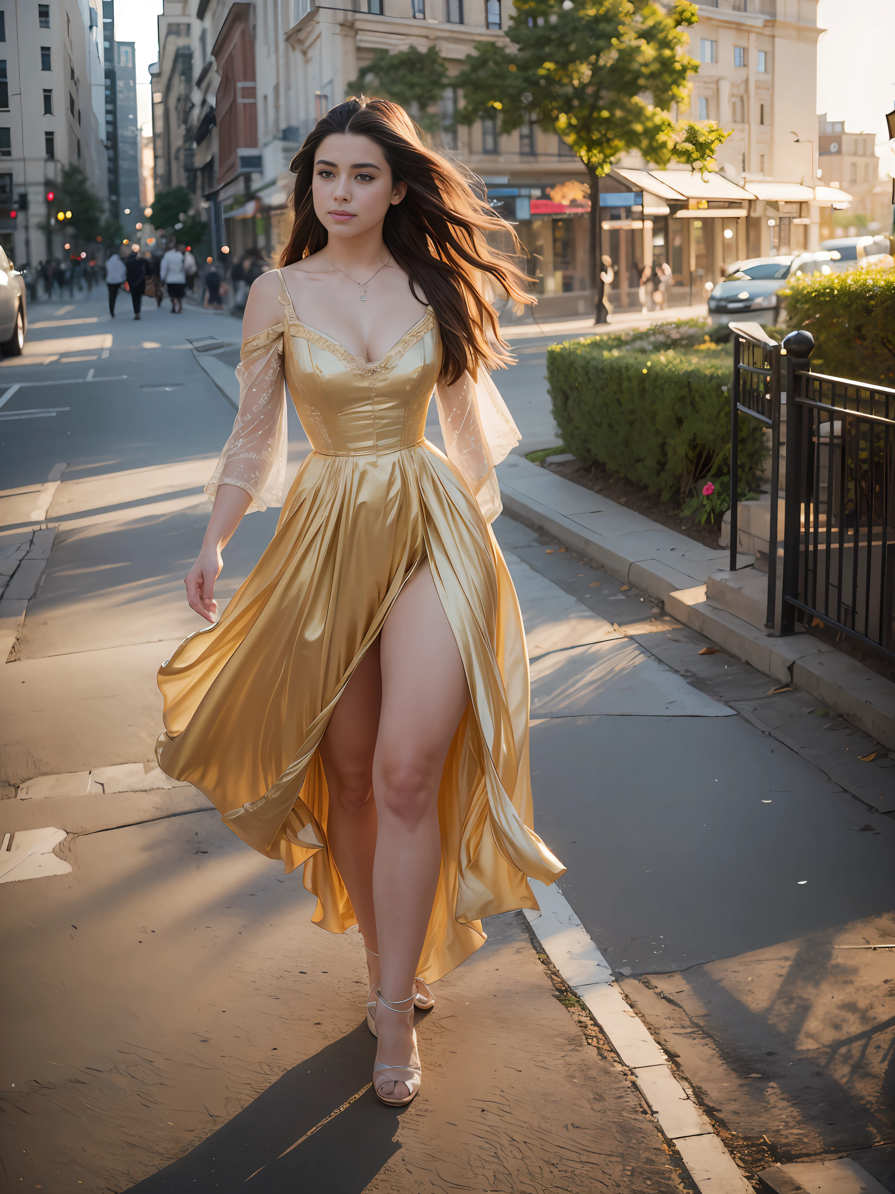 "((masterpiece)), best quality, sensual Victorian dress, happy and elegant Lauren Jauregui strolling through a lively city, wide shot, exciting scenery in the background, golden light, soft shadows."